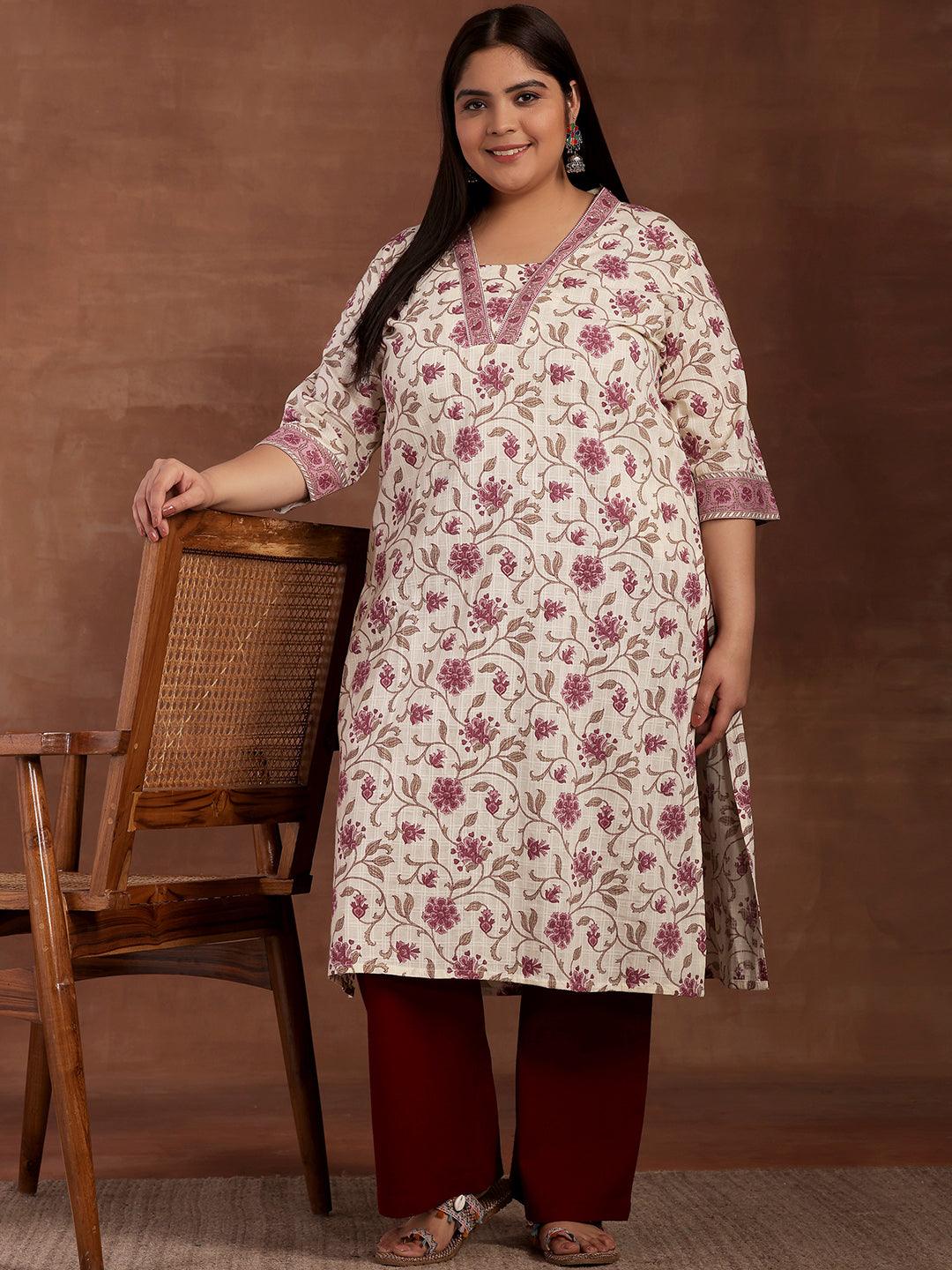 Plus Size Off White Printed Cotton Kurta