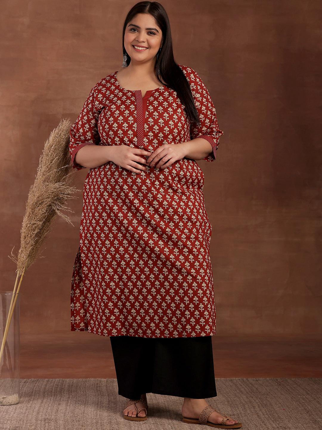 Plus Size Maroon Printed Cotton Kurta