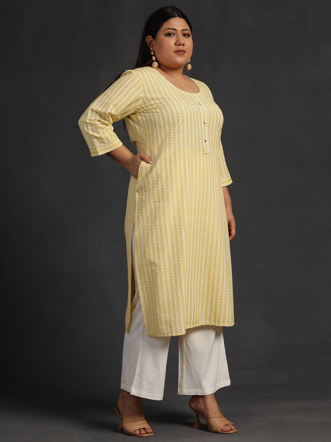 Plus Size Yellow Printed Cotton Straight Kurta