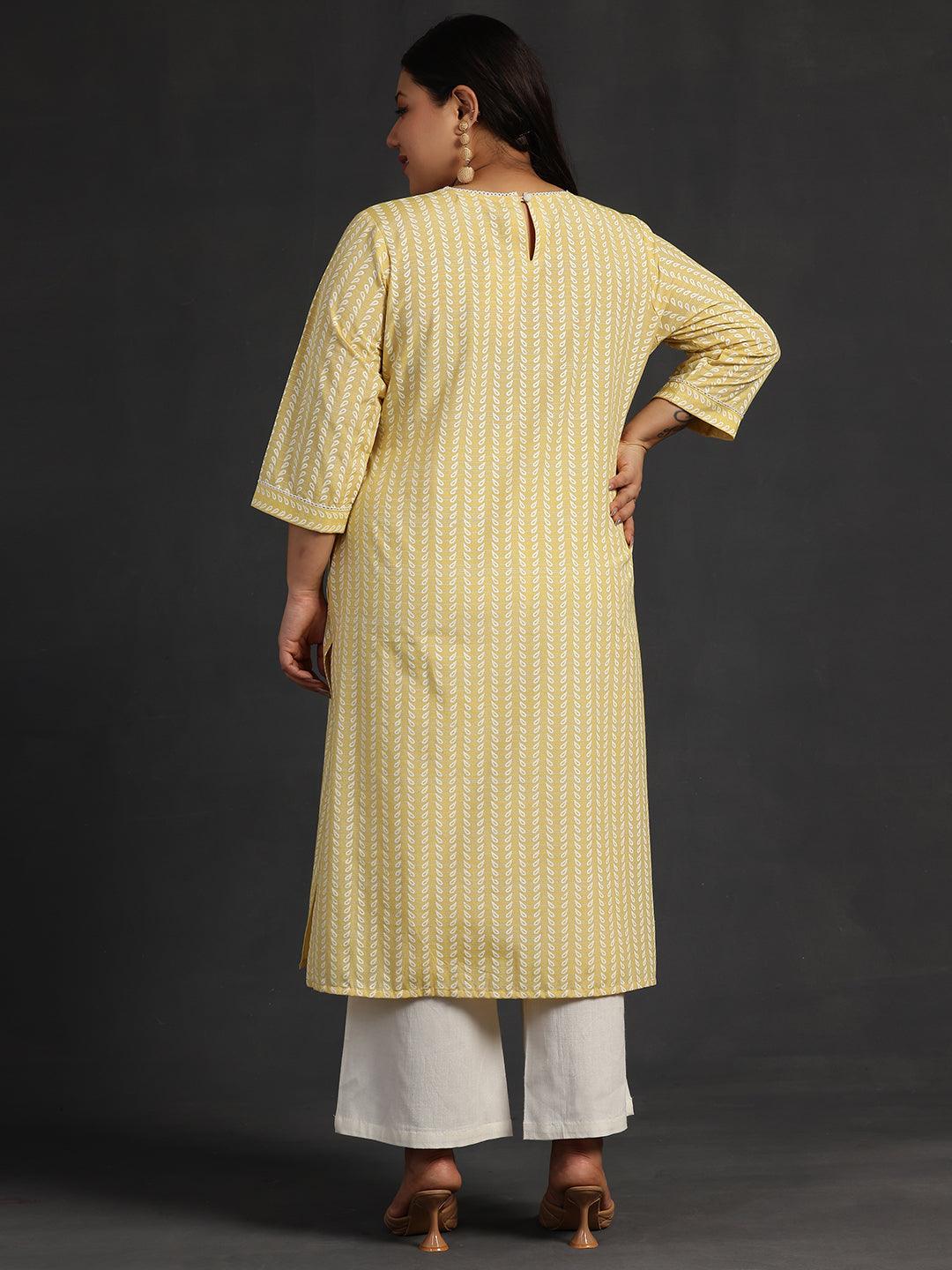 Plus Size Yellow Printed Cotton Straight Kurta