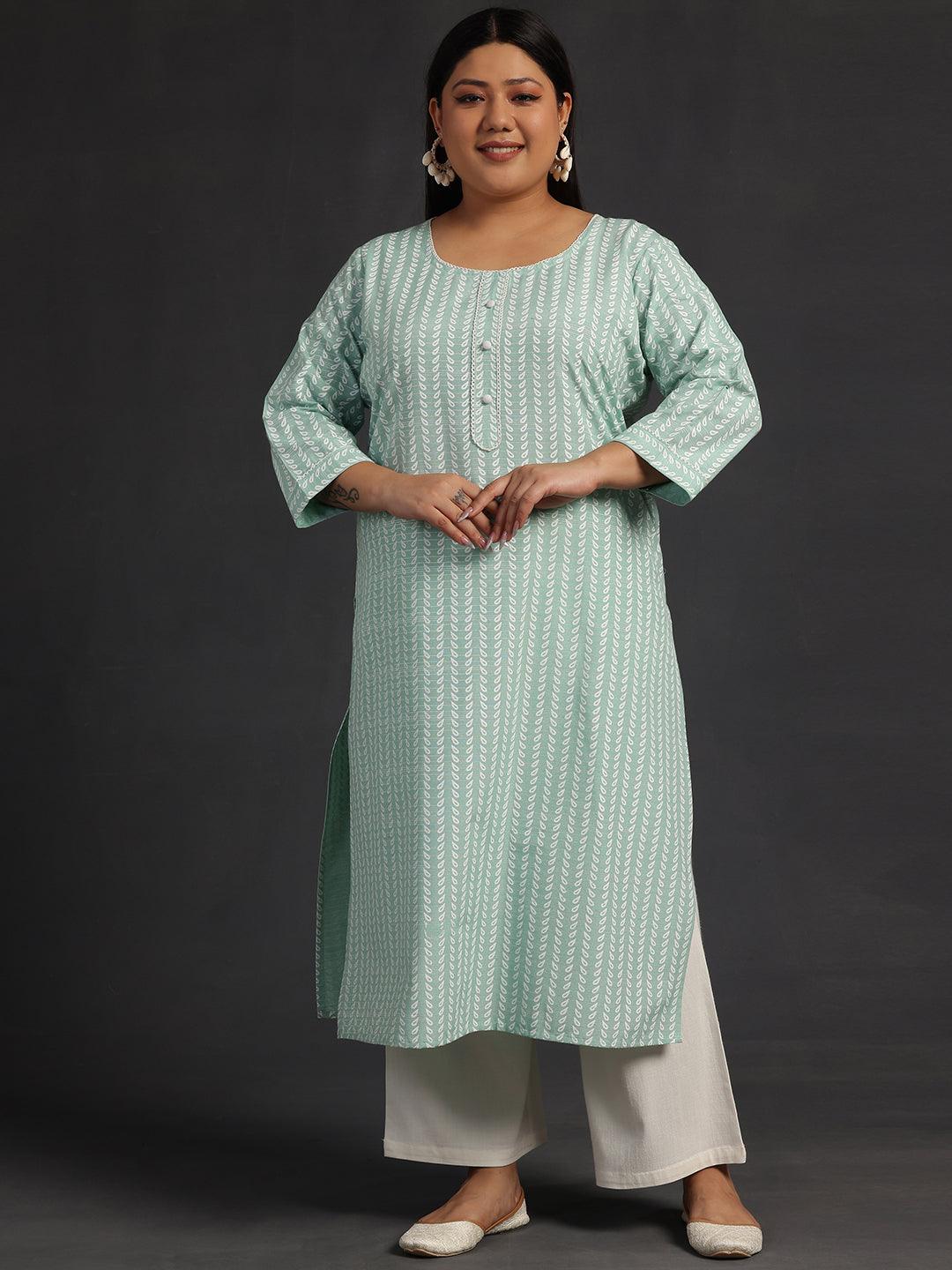 Plus Size Green Printed Cotton Straight Kurta