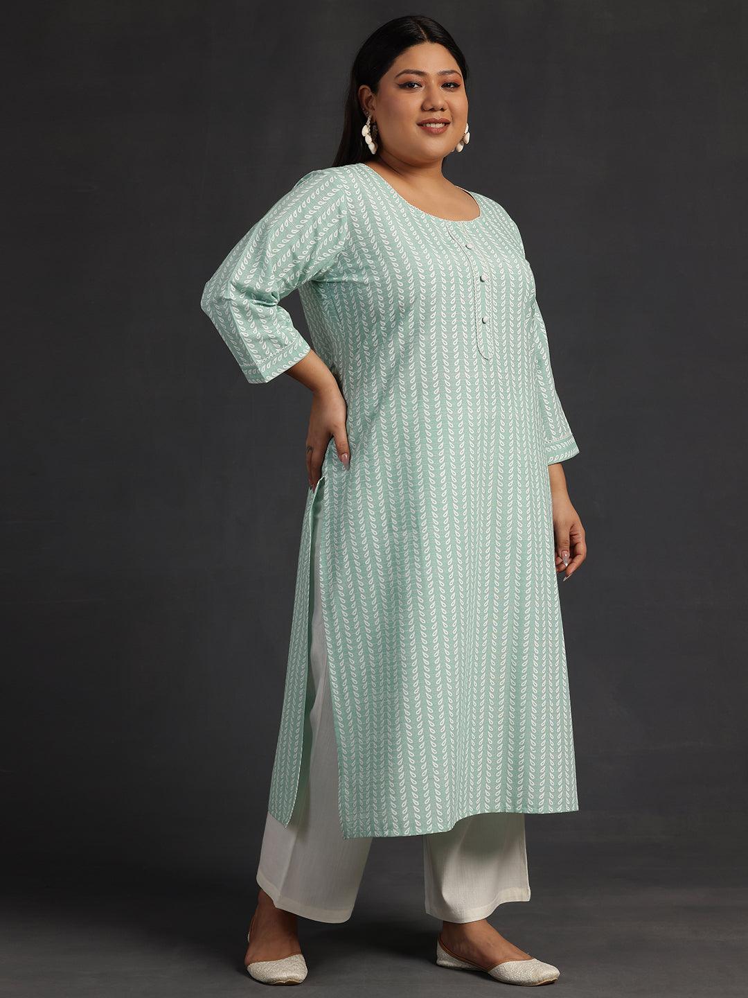 Plus Size Green Printed Cotton Straight Kurta