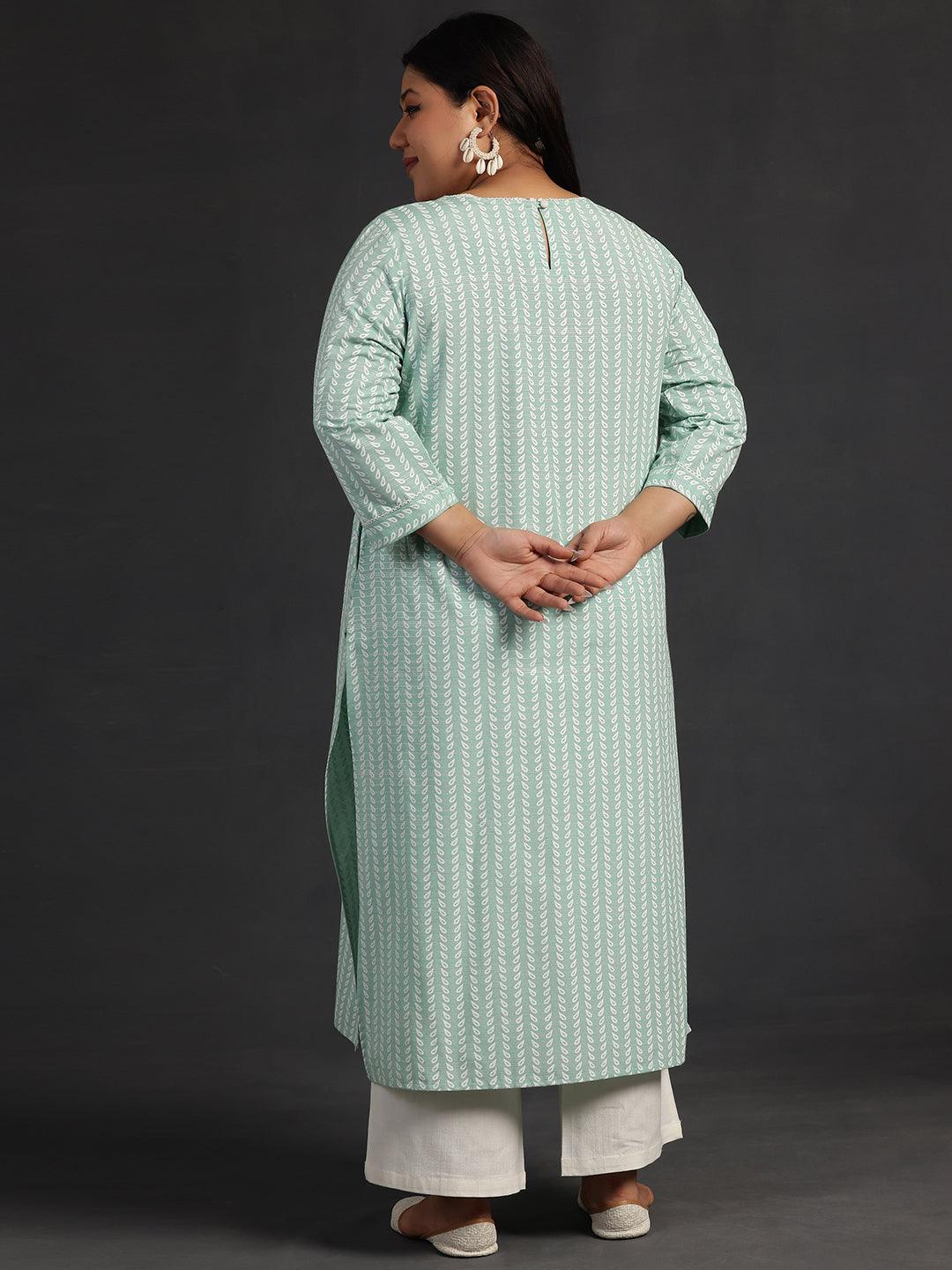 Plus Size Green Printed Cotton Straight Kurta