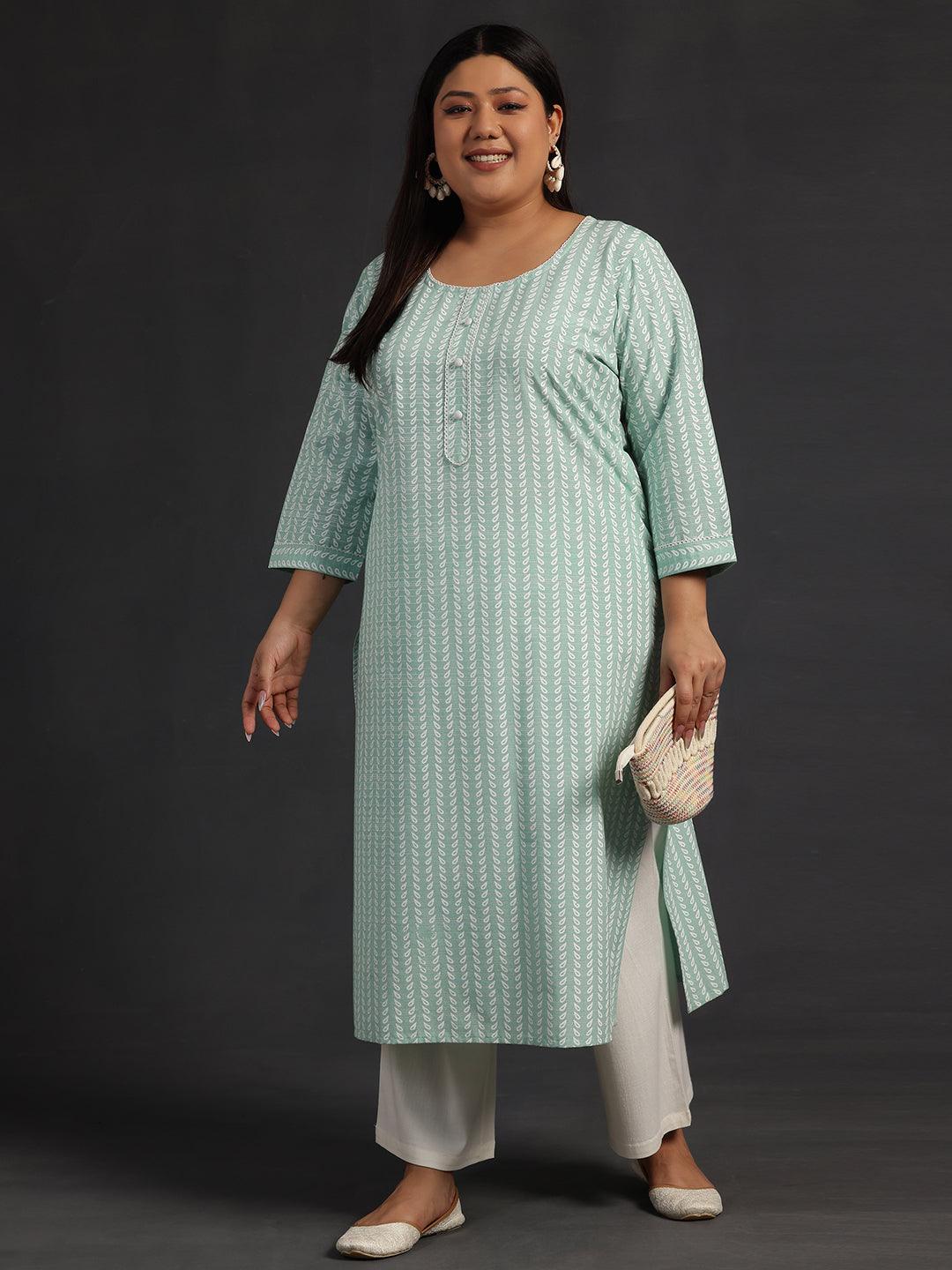 Plus Size Green Printed Cotton Straight Kurta