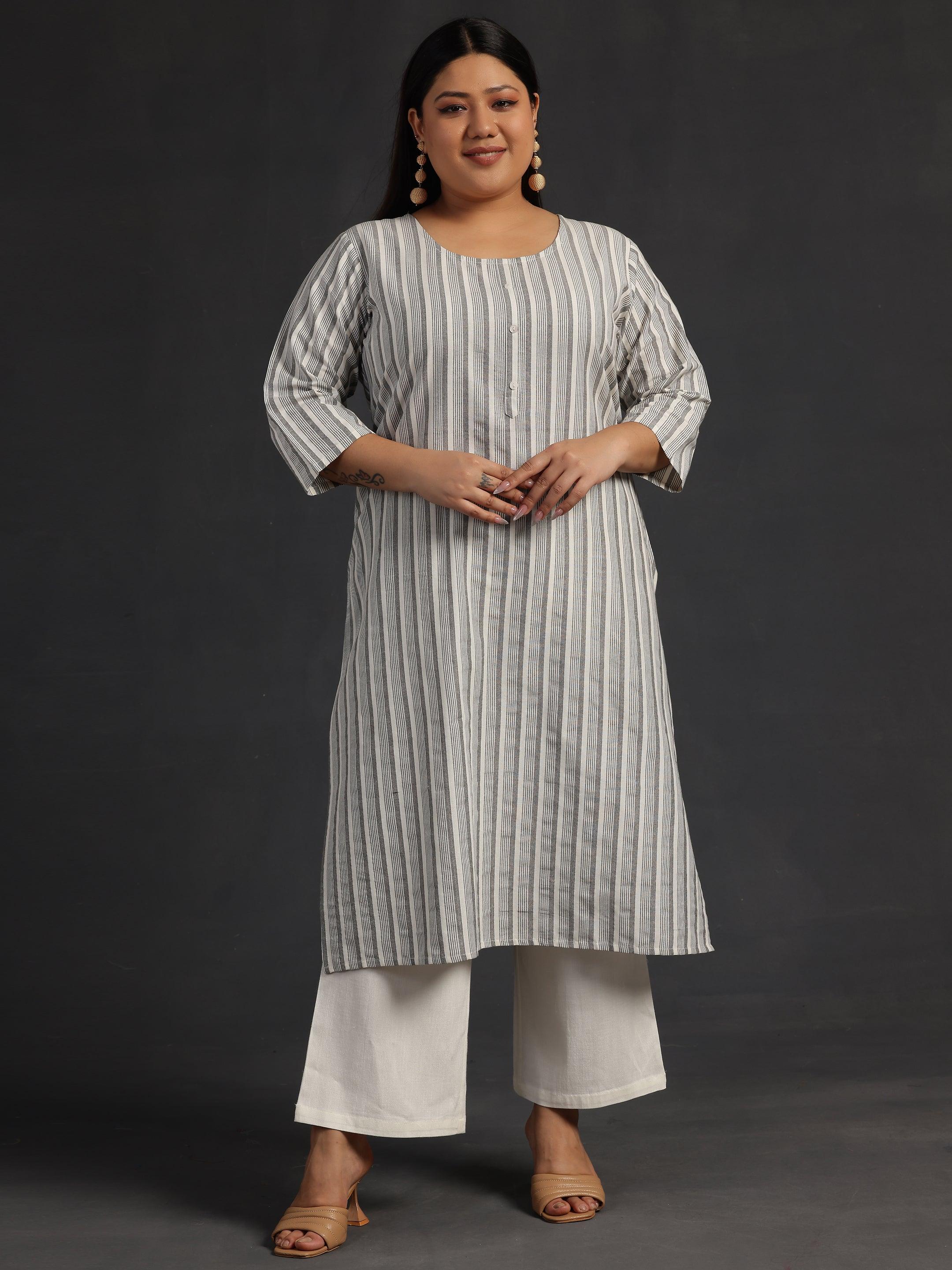 Plus Size Off White Printed Cotton Straight Kurta