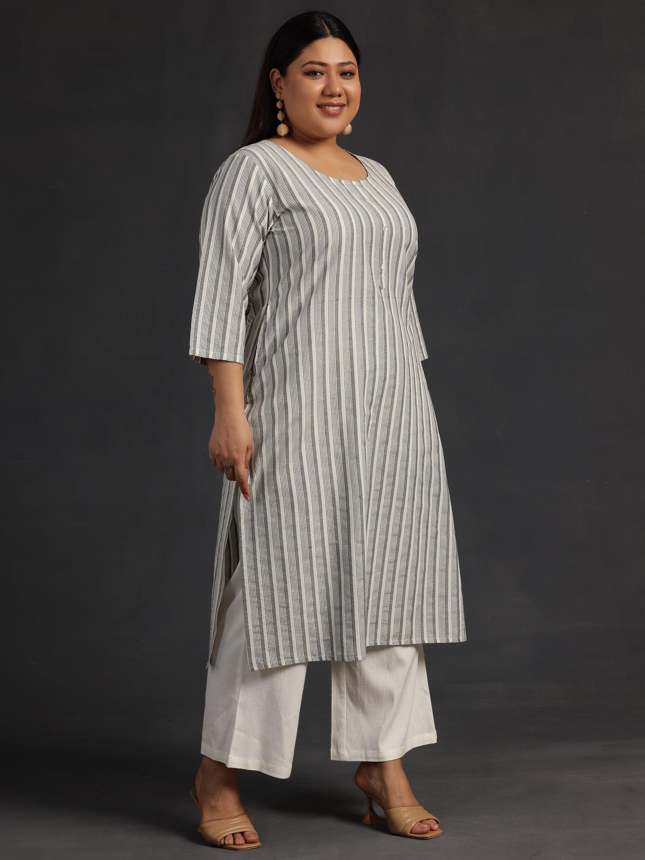 Plus Size Off White Printed Cotton Straight Kurta