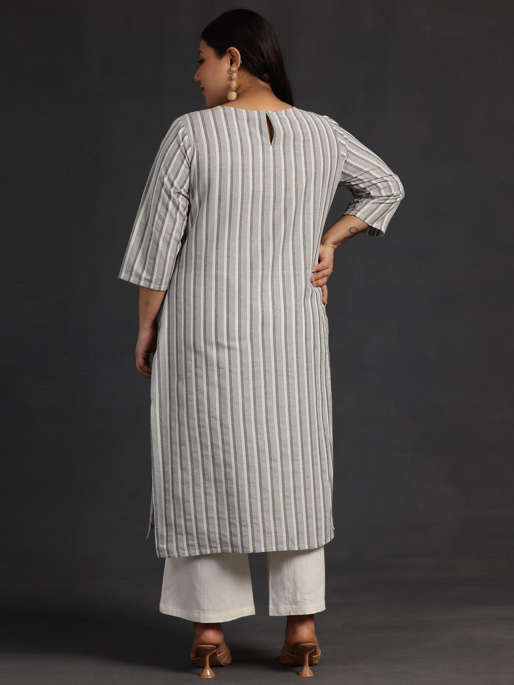 Plus Size Off White Printed Cotton Straight Kurta