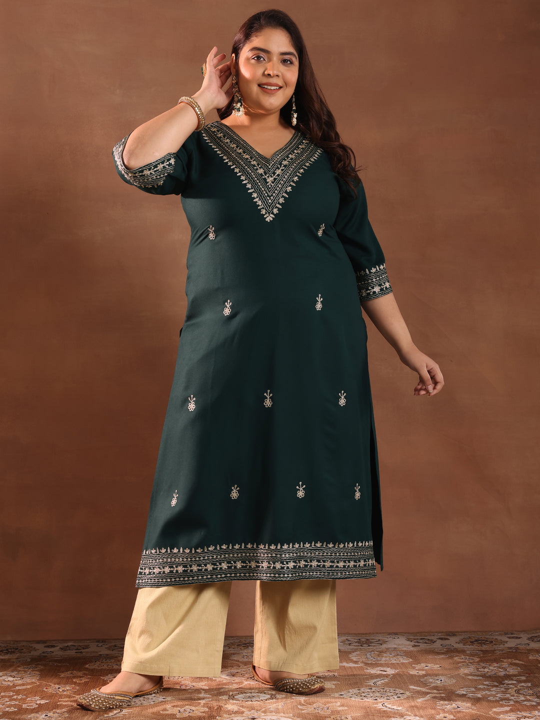 Plus Size Green Embroidered Rayon Straight Kurta