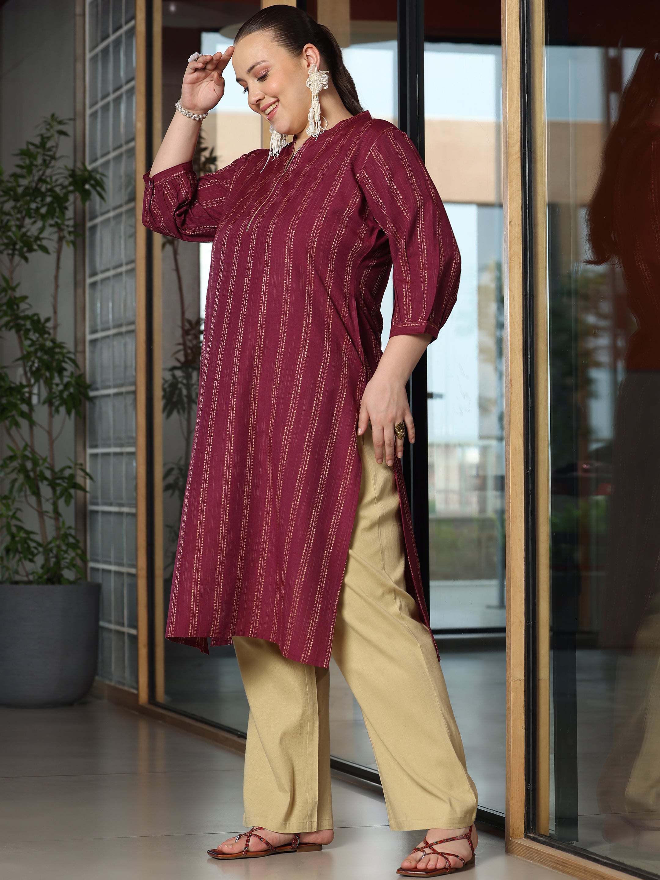 Plus Size Maroon Woven Design Cotton Straight Kurta