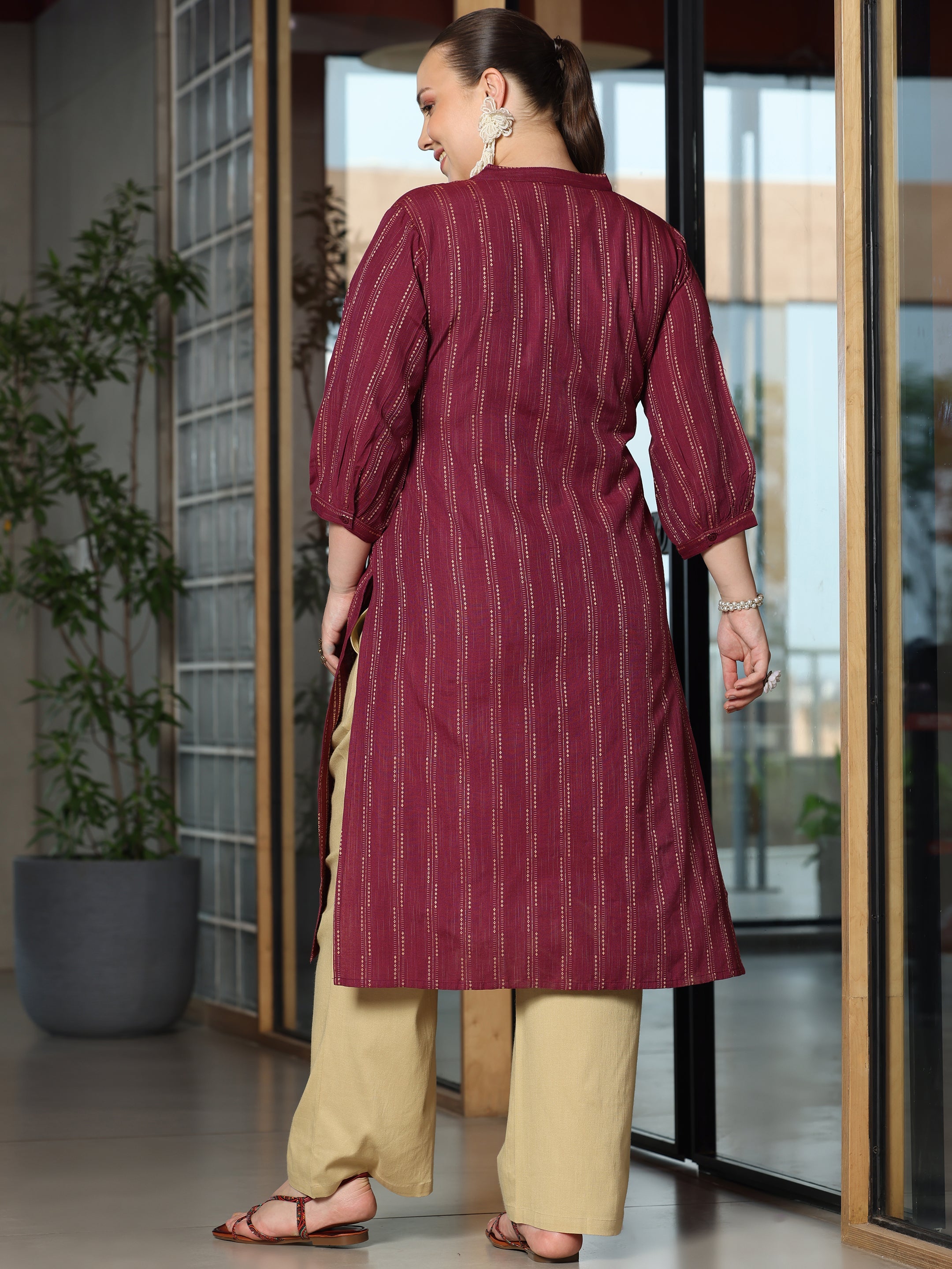 Plus Size Maroon Woven Design Cotton Straight Kurta