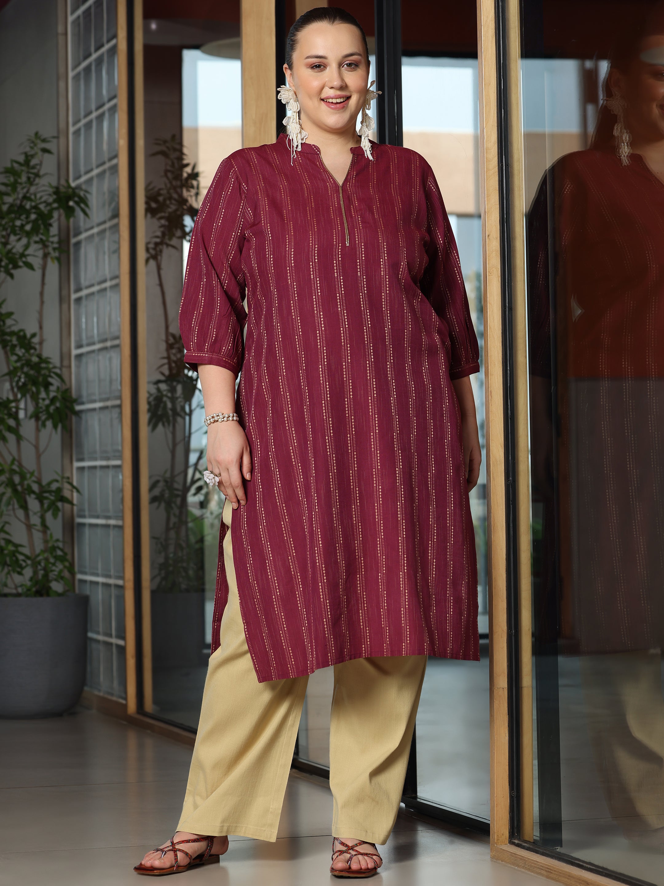 Plus Size Maroon Woven Design Cotton Straight Kurta