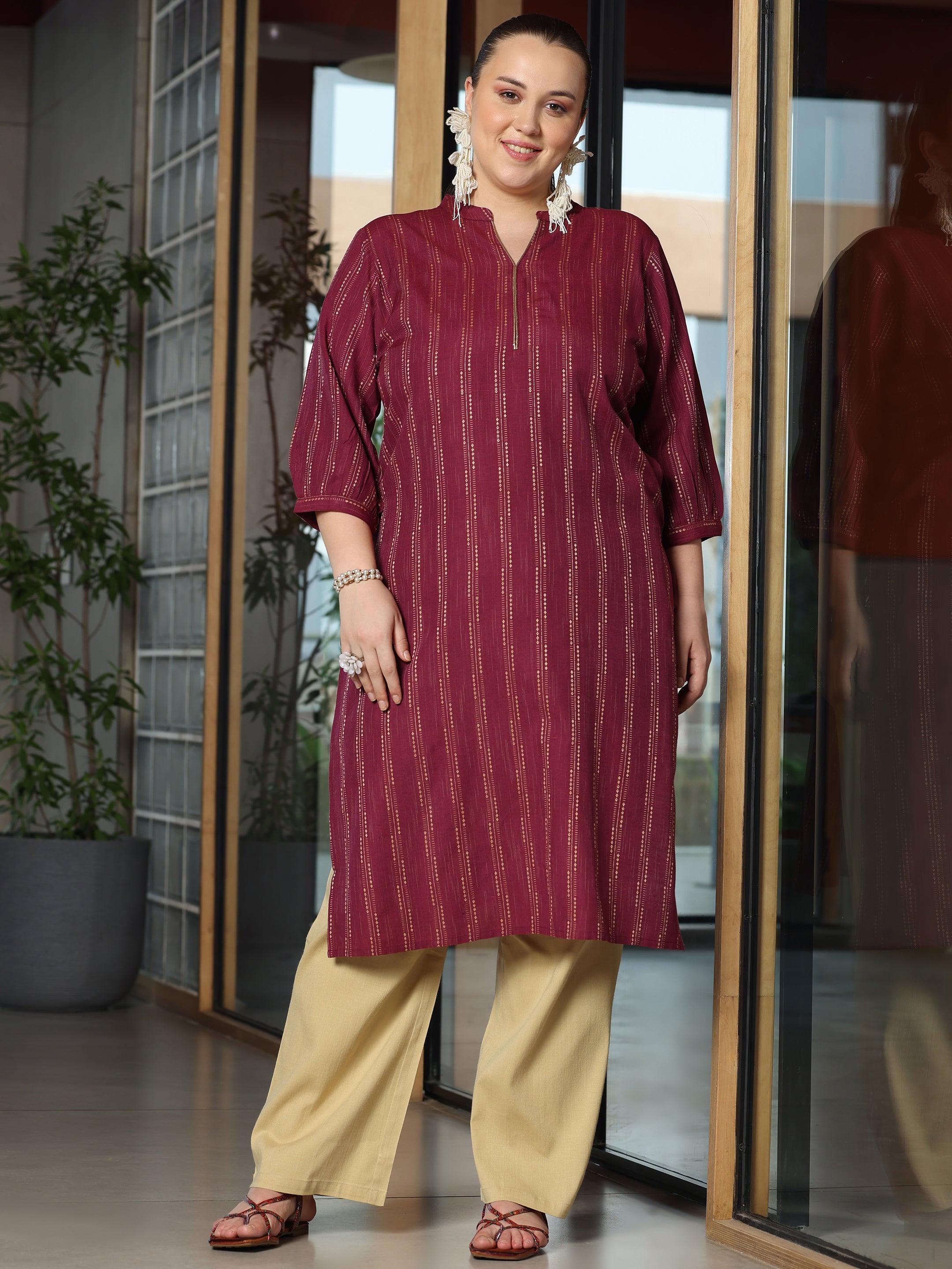 Plus Size Maroon Woven Design Cotton Straight Kurta