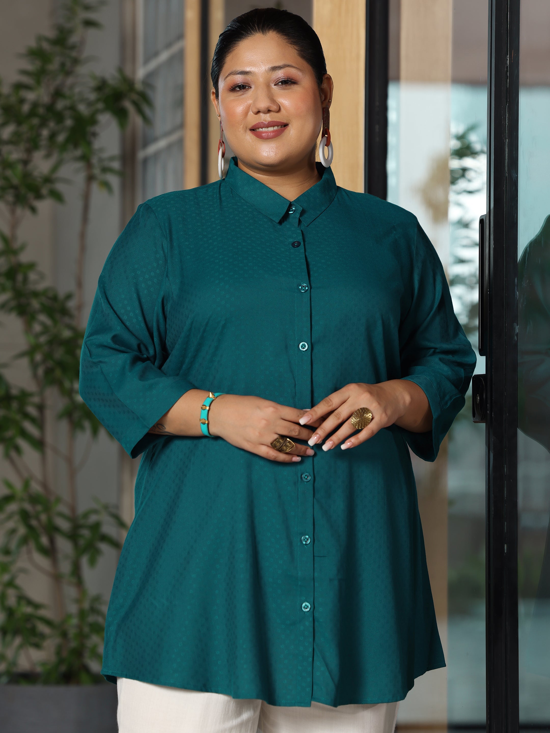 Plus Size Teal Woven Design Straight Rayon Kurti