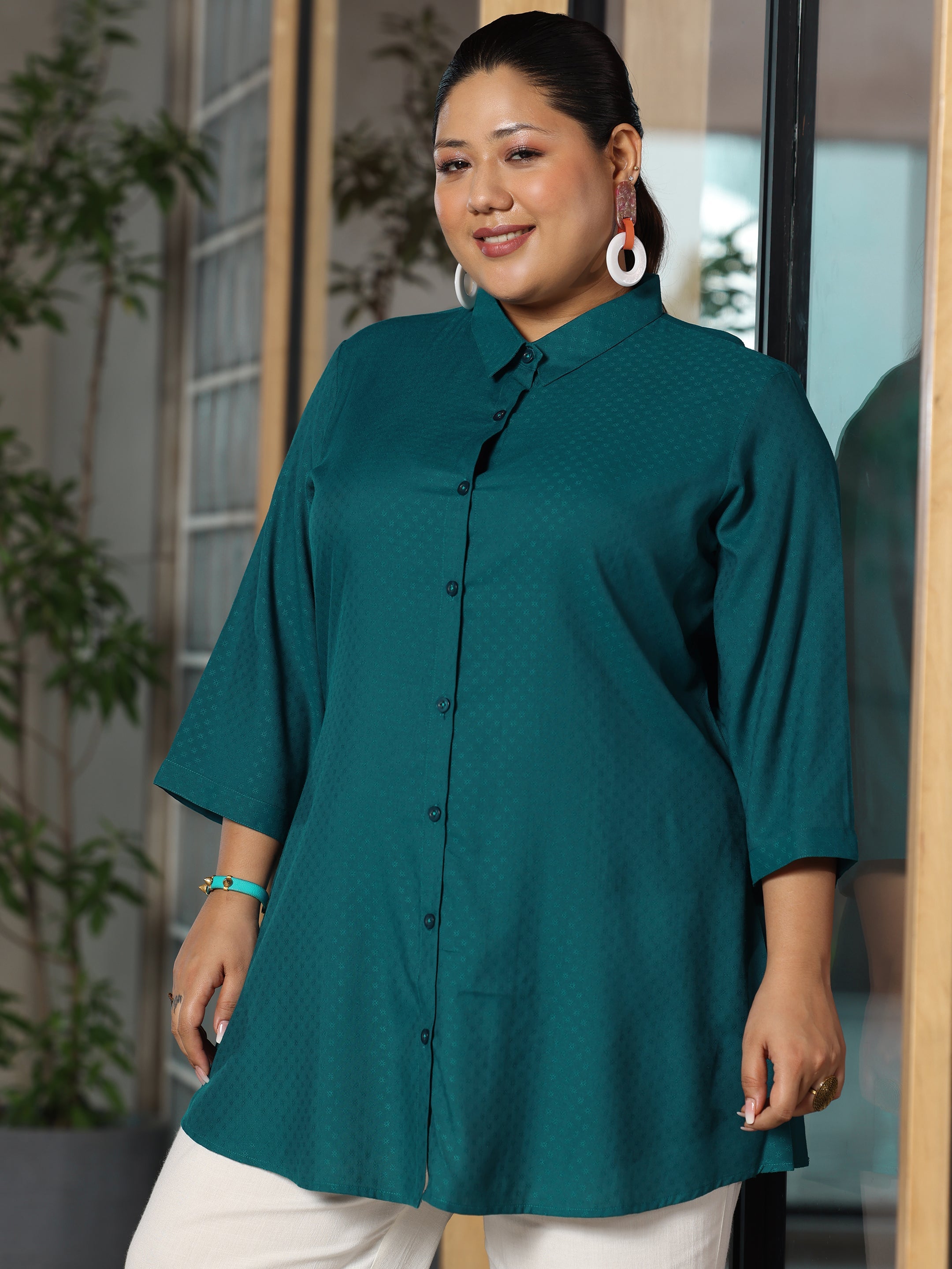 Plus Size Teal Woven Design Straight Rayon Kurti