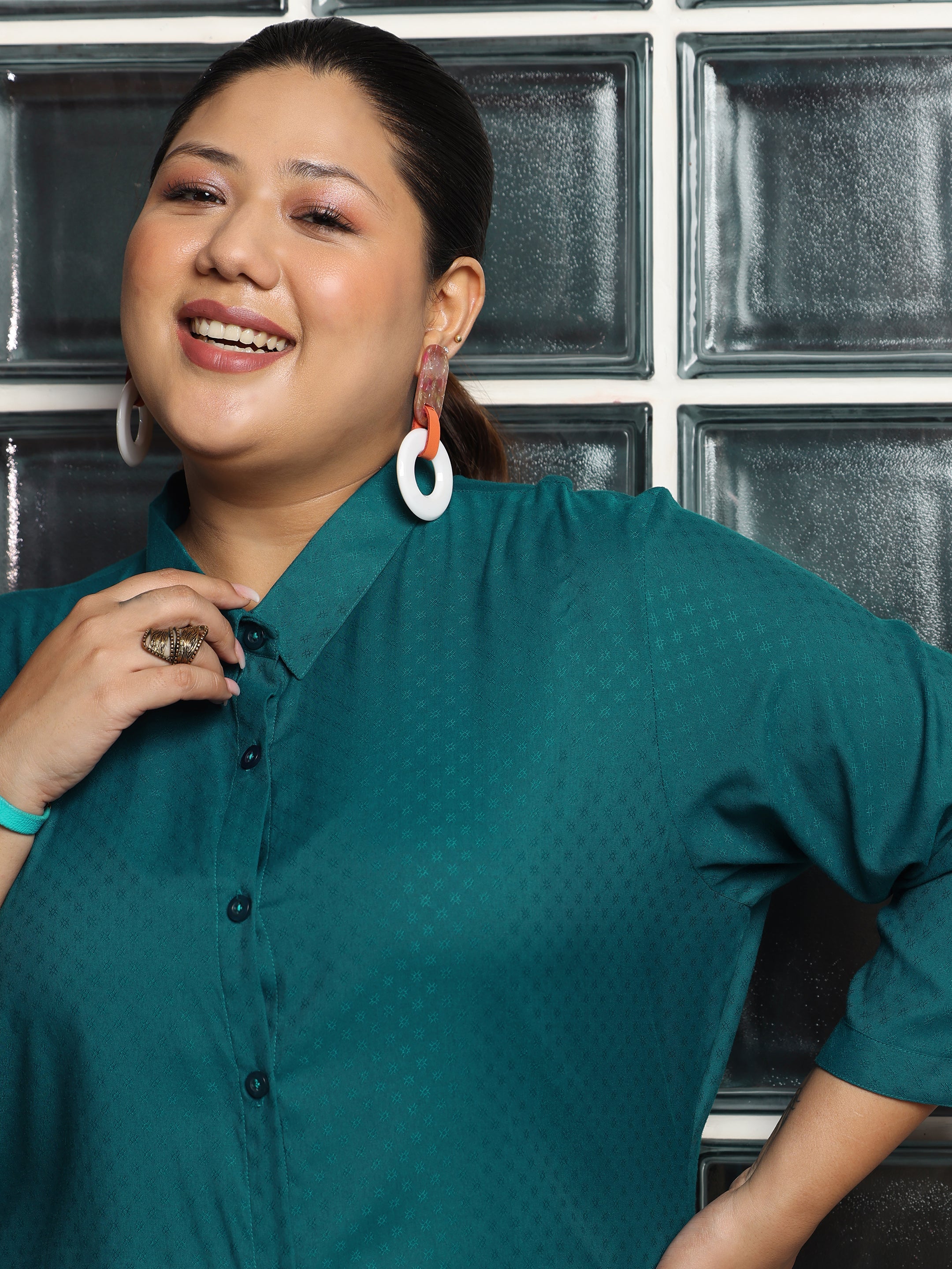 Plus Size Teal Woven Design Straight Rayon Kurti