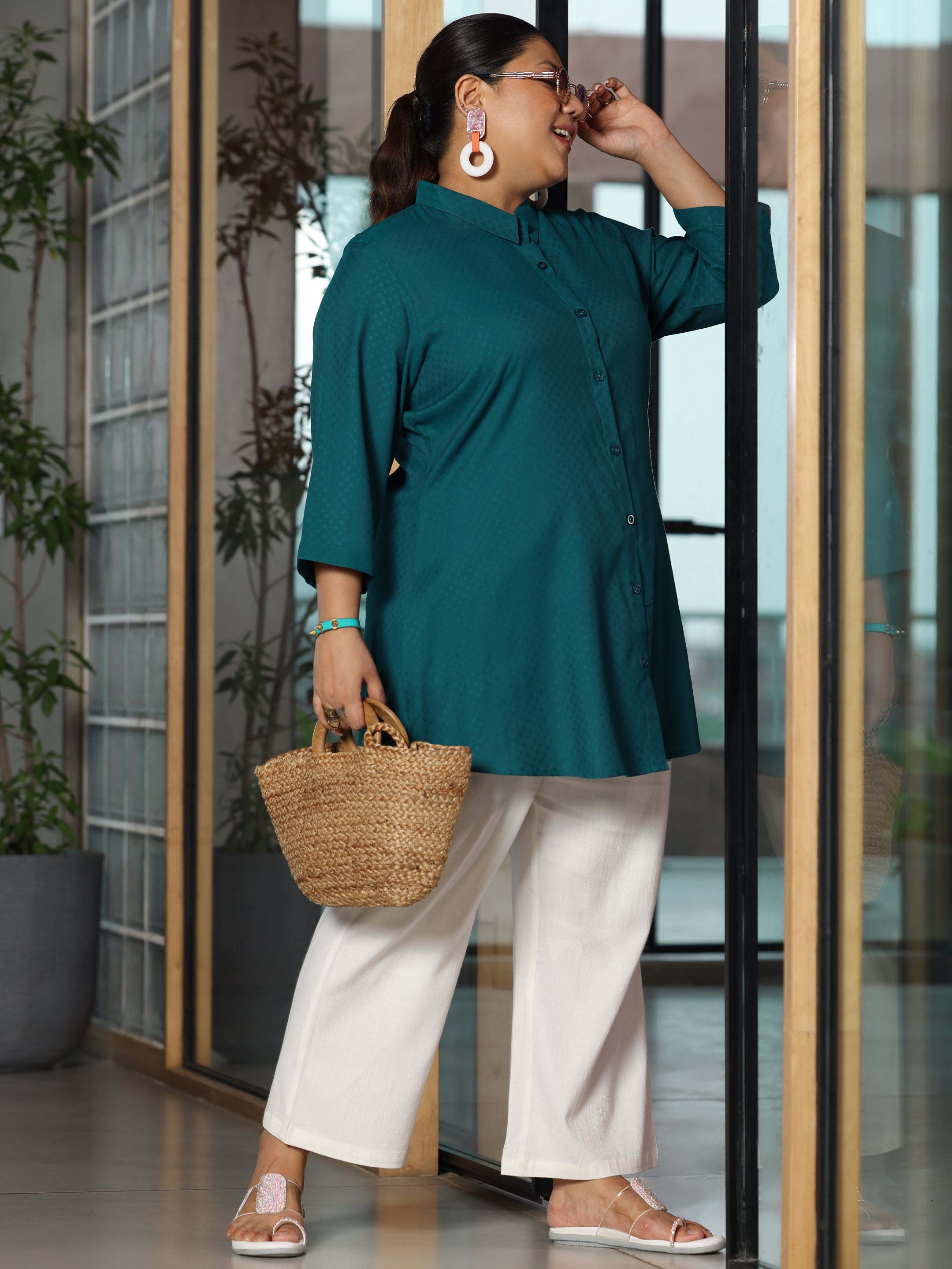 Plus Size Teal Woven Design Straight Rayon Kurti