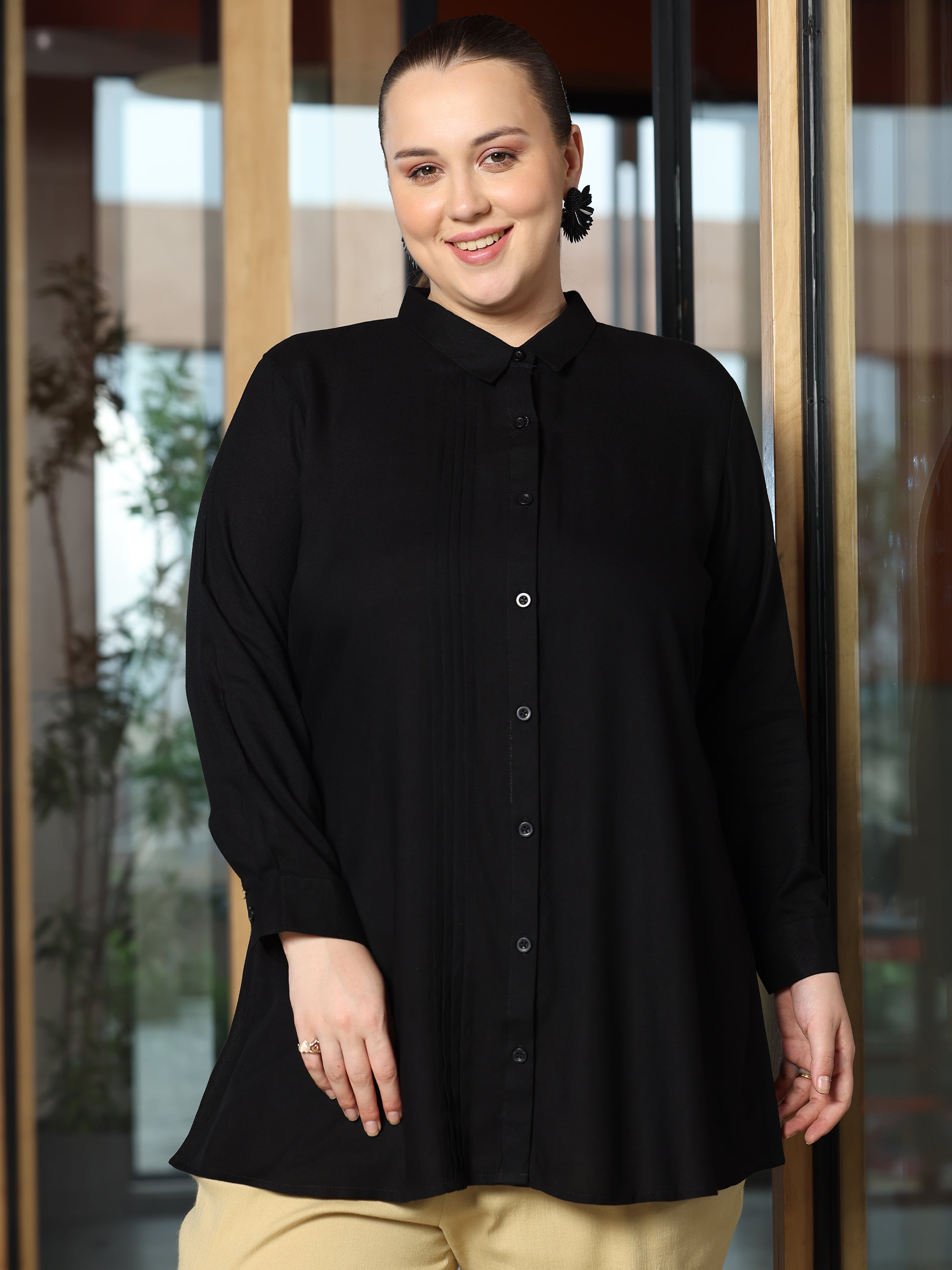 Plus Size Black Solid Straight Rayon Kurti