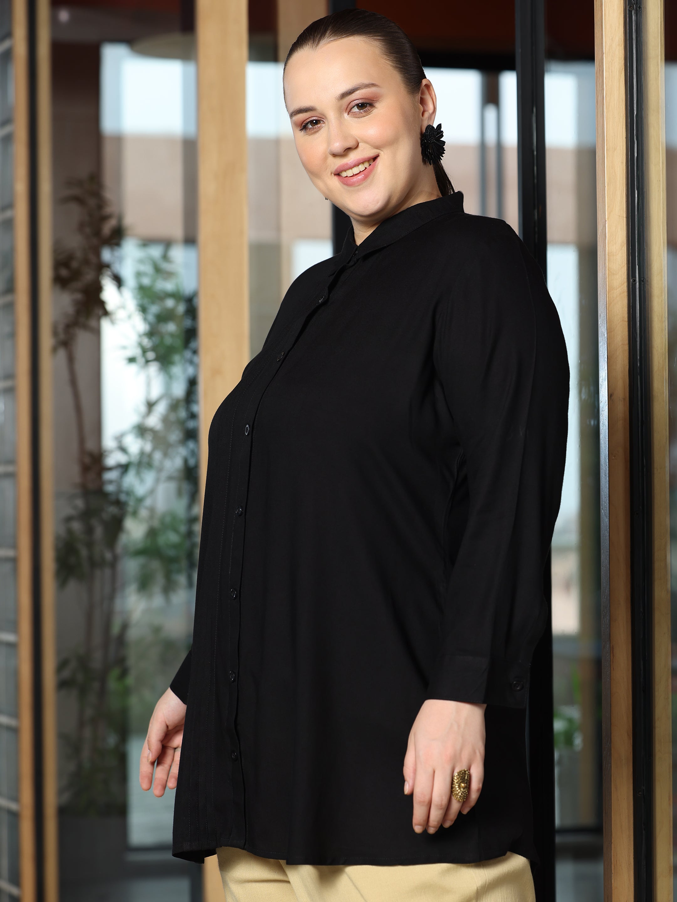 Plus Size Black Solid Straight Rayon Kurti