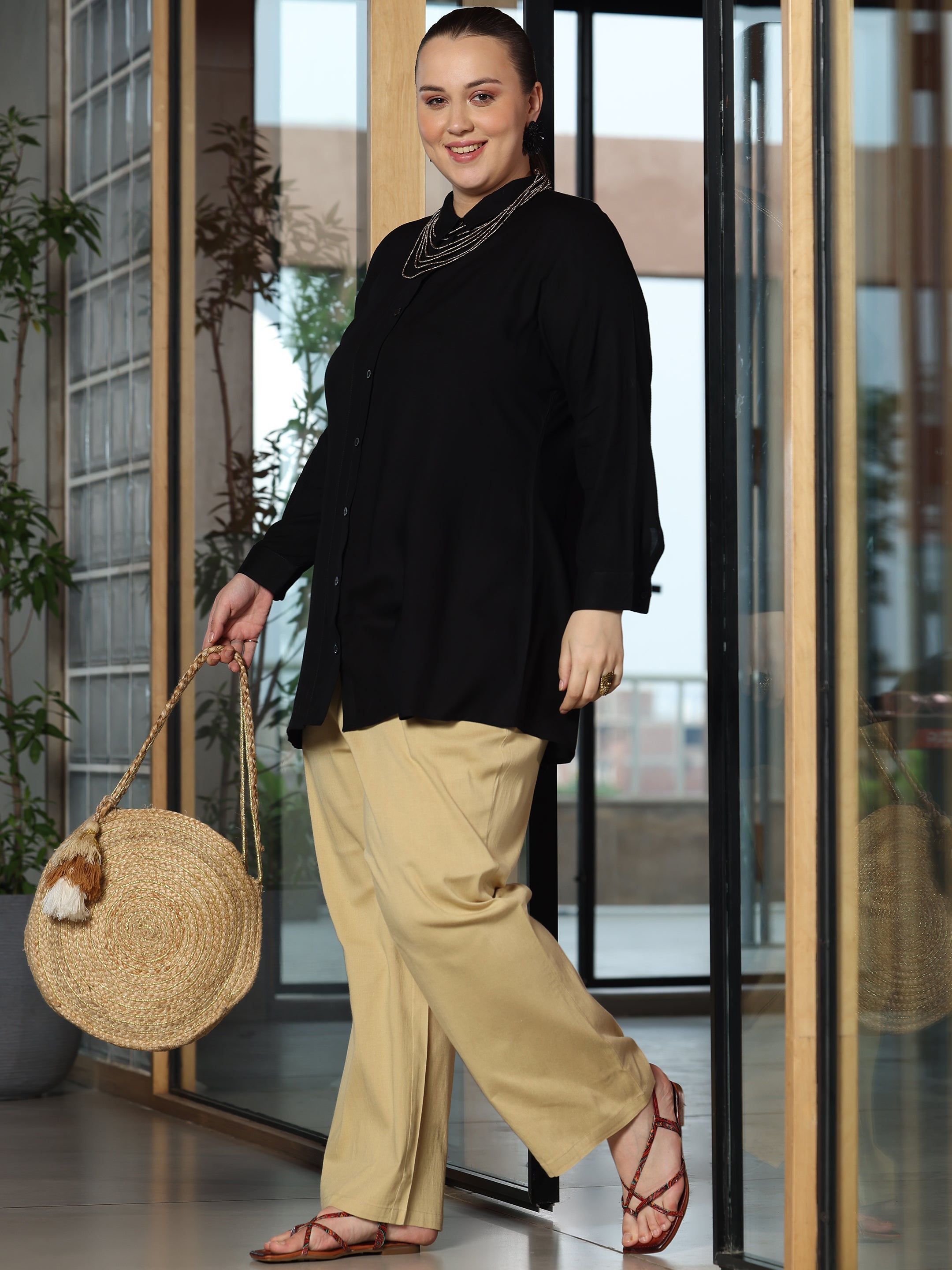 Plus Size Black Solid Straight Rayon Kurti