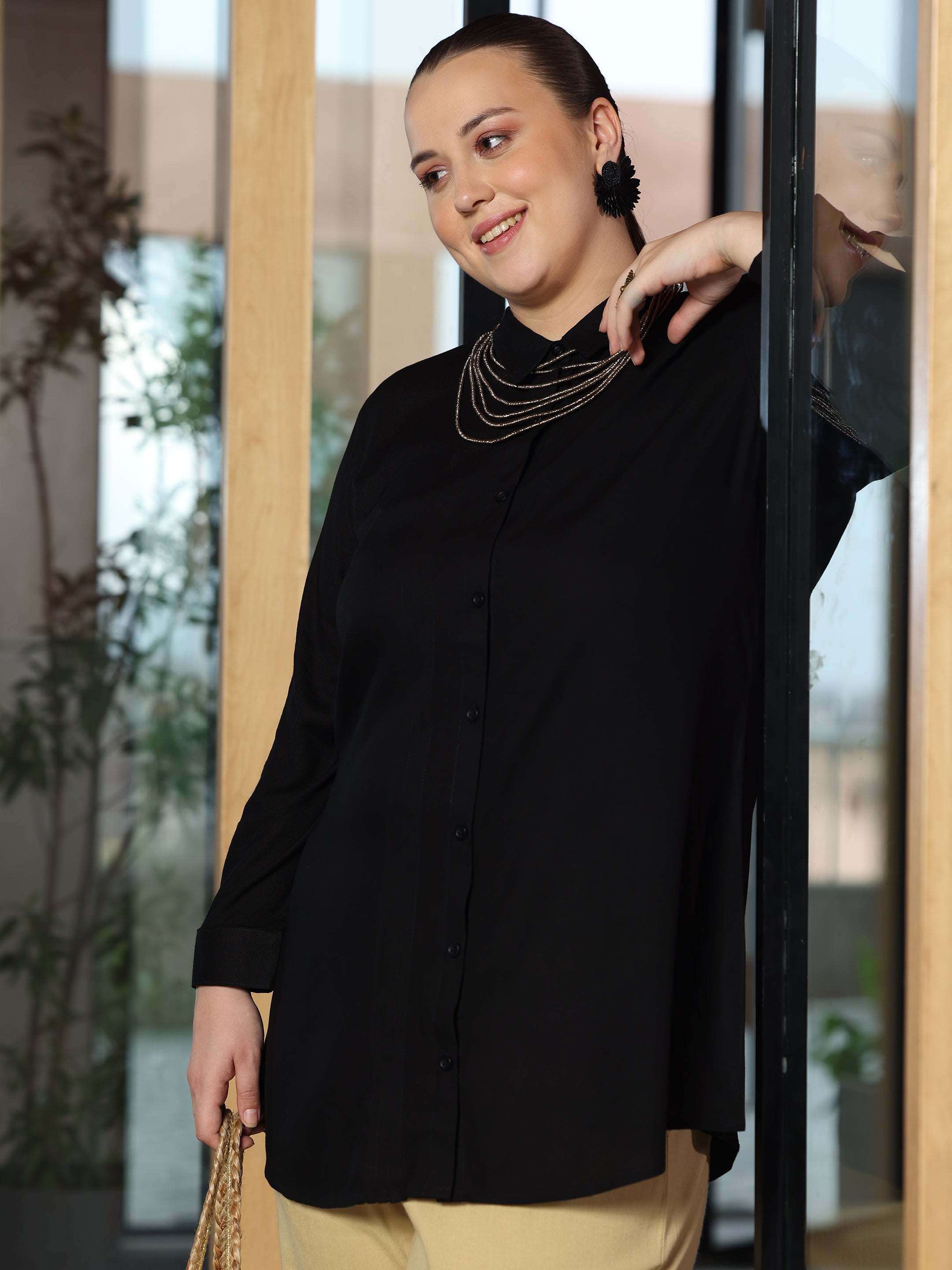 Plus Size Black Solid Straight Rayon Kurti