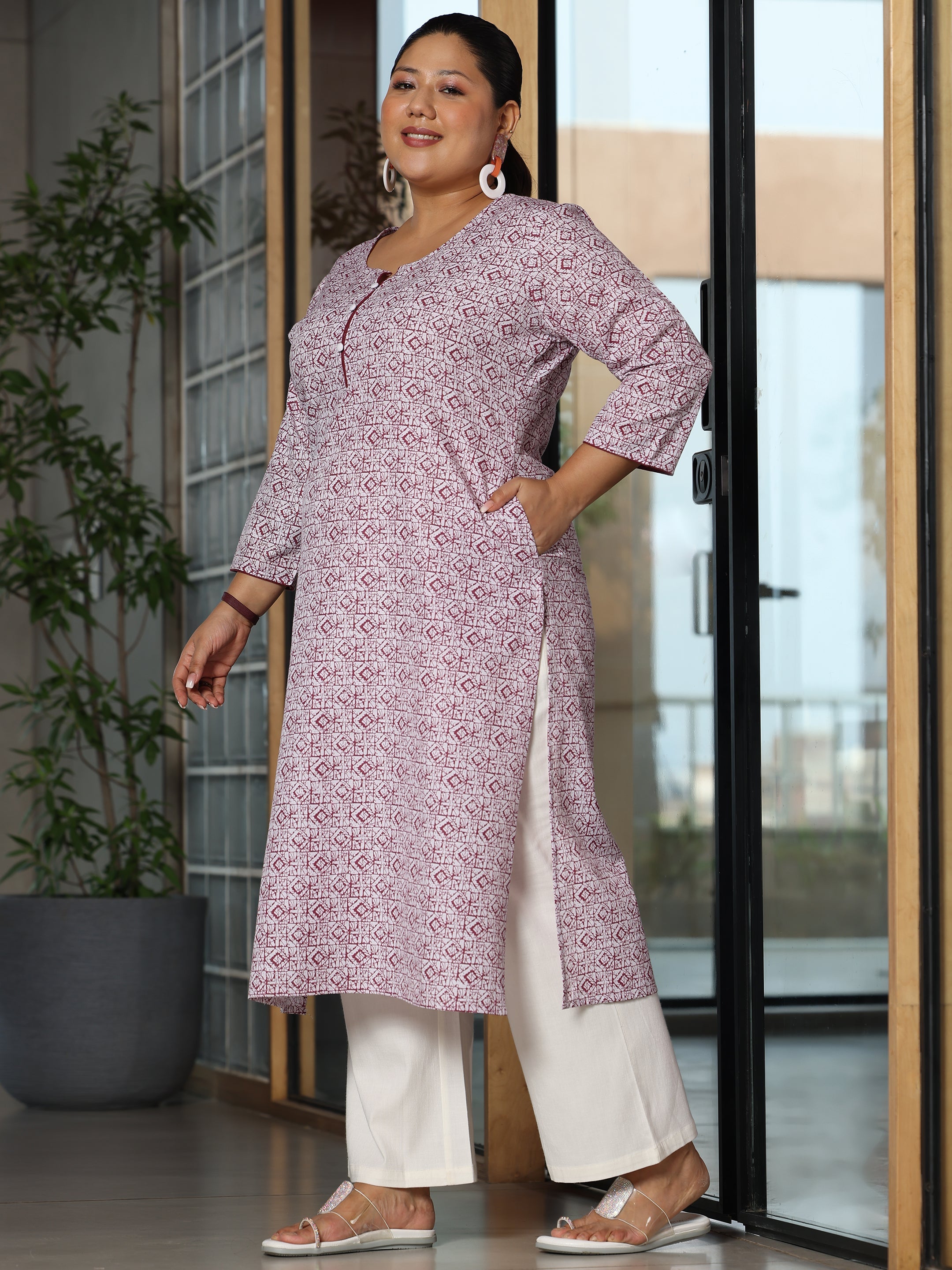 Plus Size Maroon Printed Cotton Straight Kurta