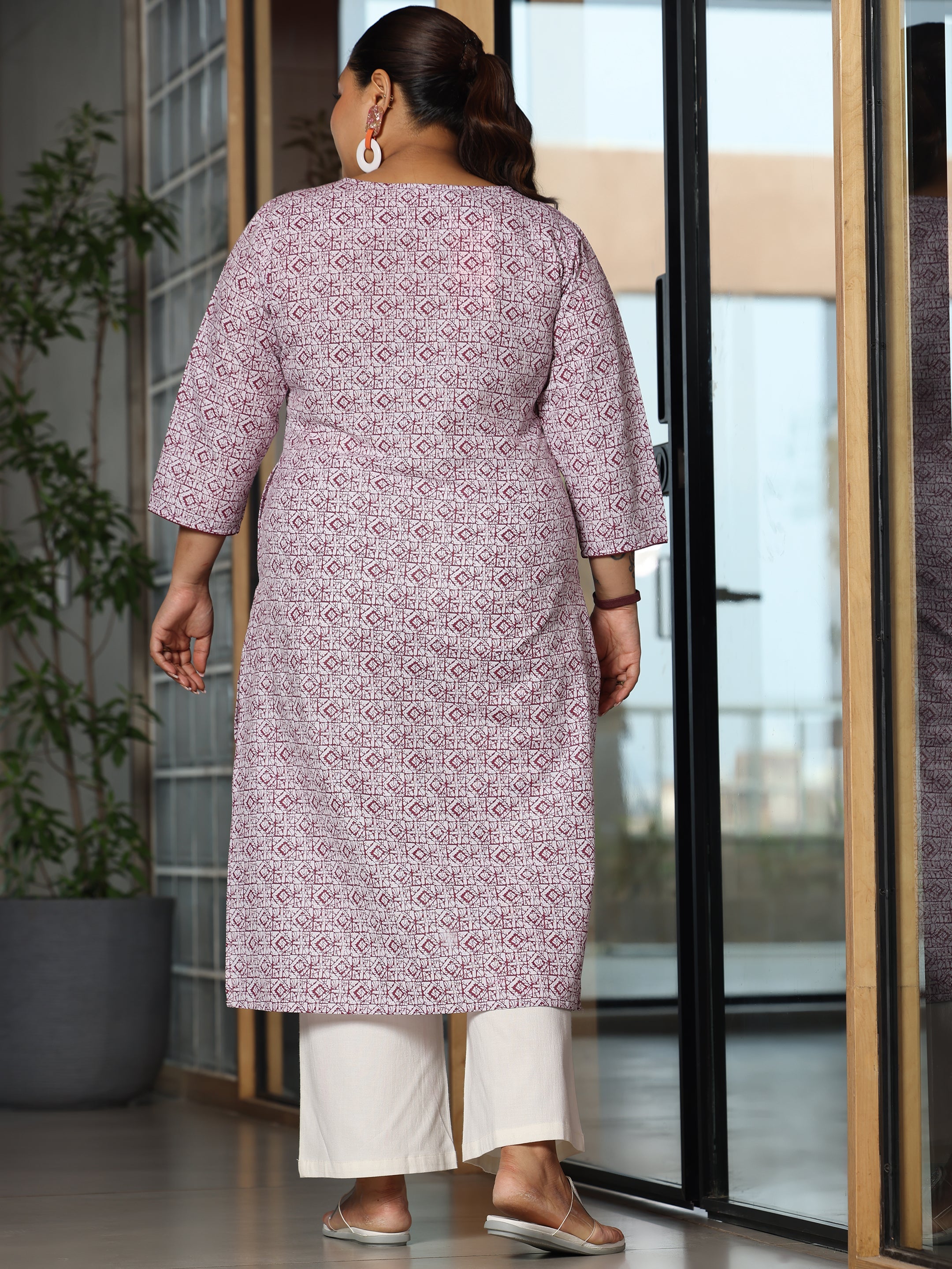 Plus Size Maroon Printed Cotton Straight Kurta