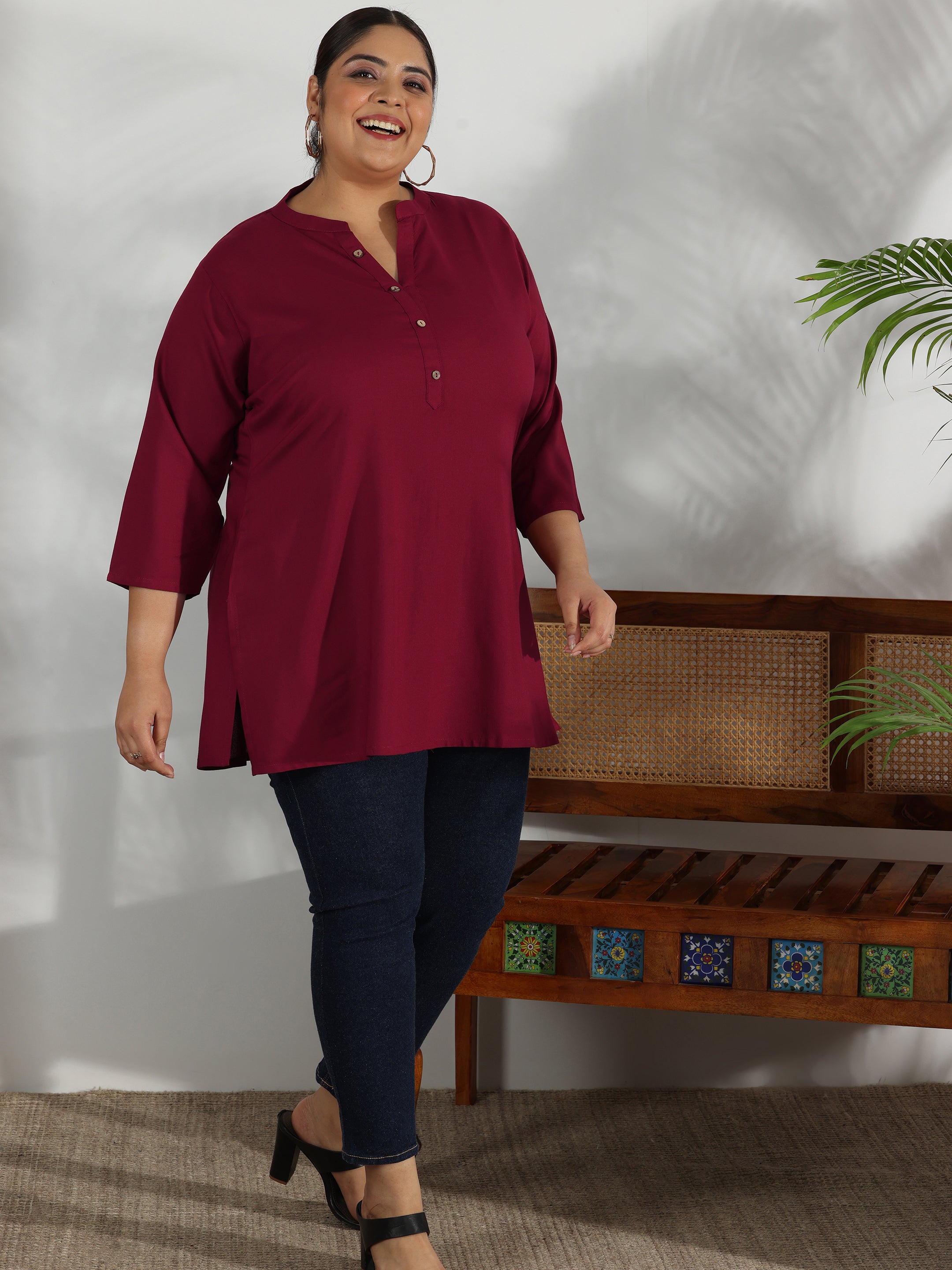 Plus Size Maroon Solid Rayon Straight Kurti