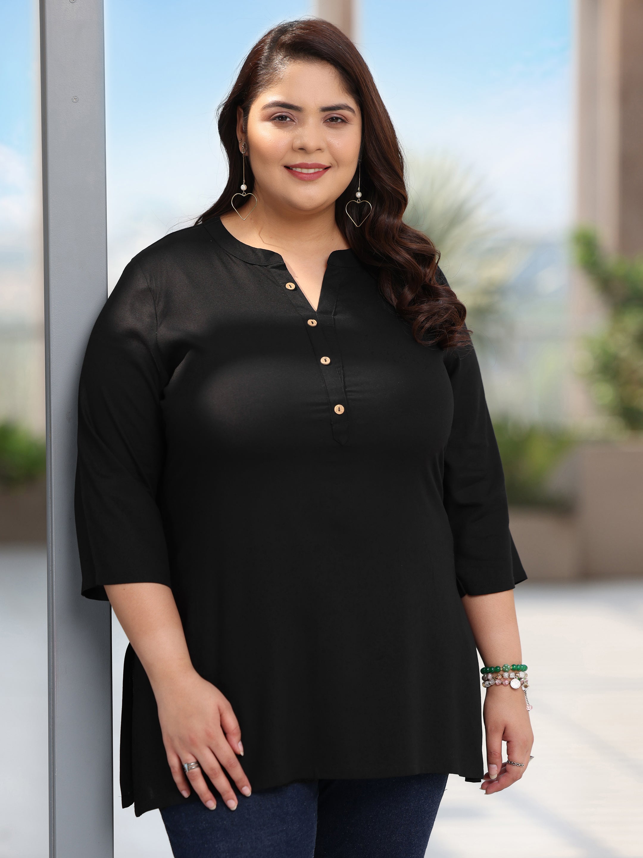 Plus Size Black Solid Rayon Straight Kurti