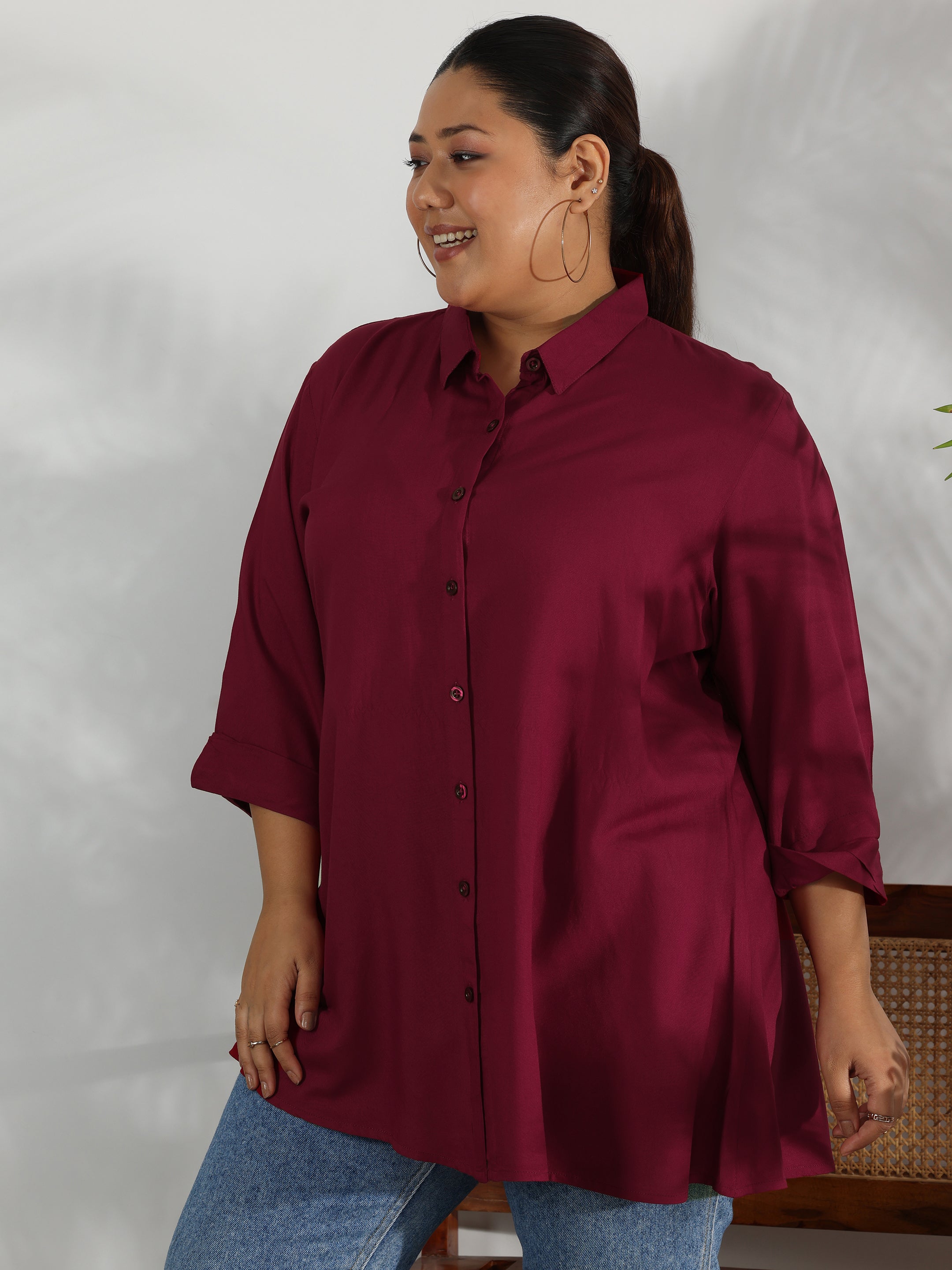 Plus Size Maroon Solid Rayon A-Line Kurti