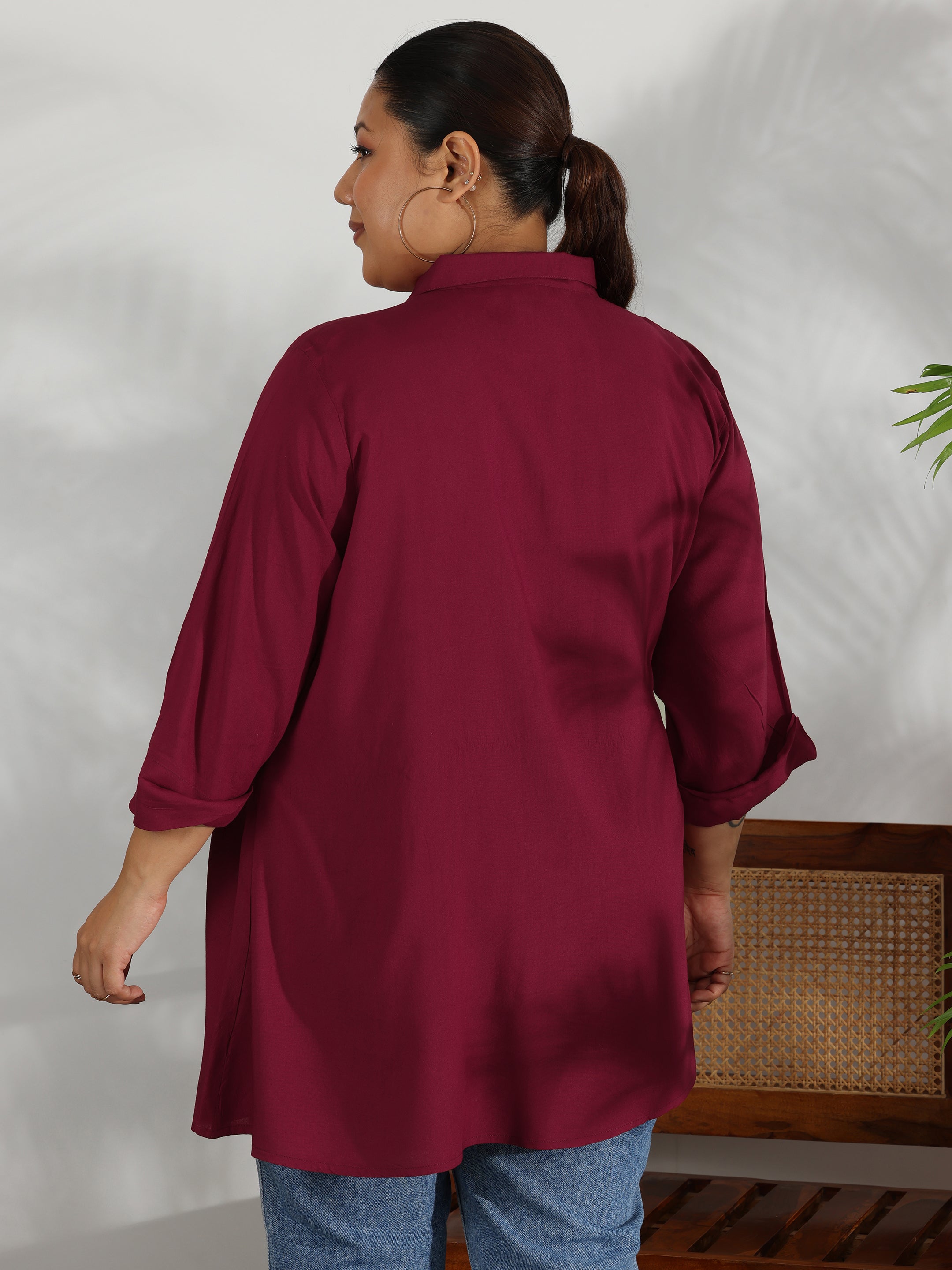 Plus Size Maroon Solid Rayon A-Line Kurti