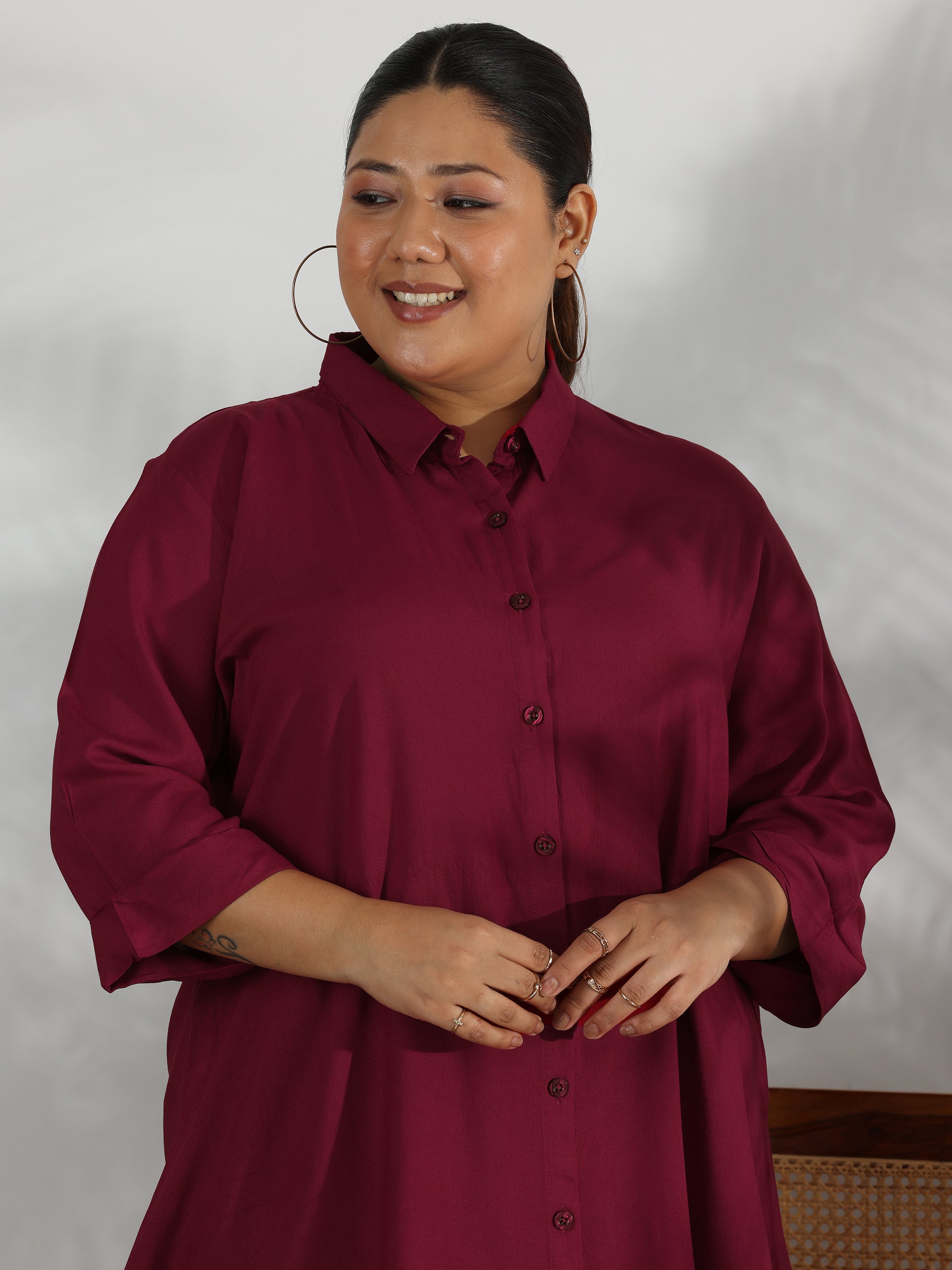 Plus Size Maroon Solid Rayon A-Line Kurti