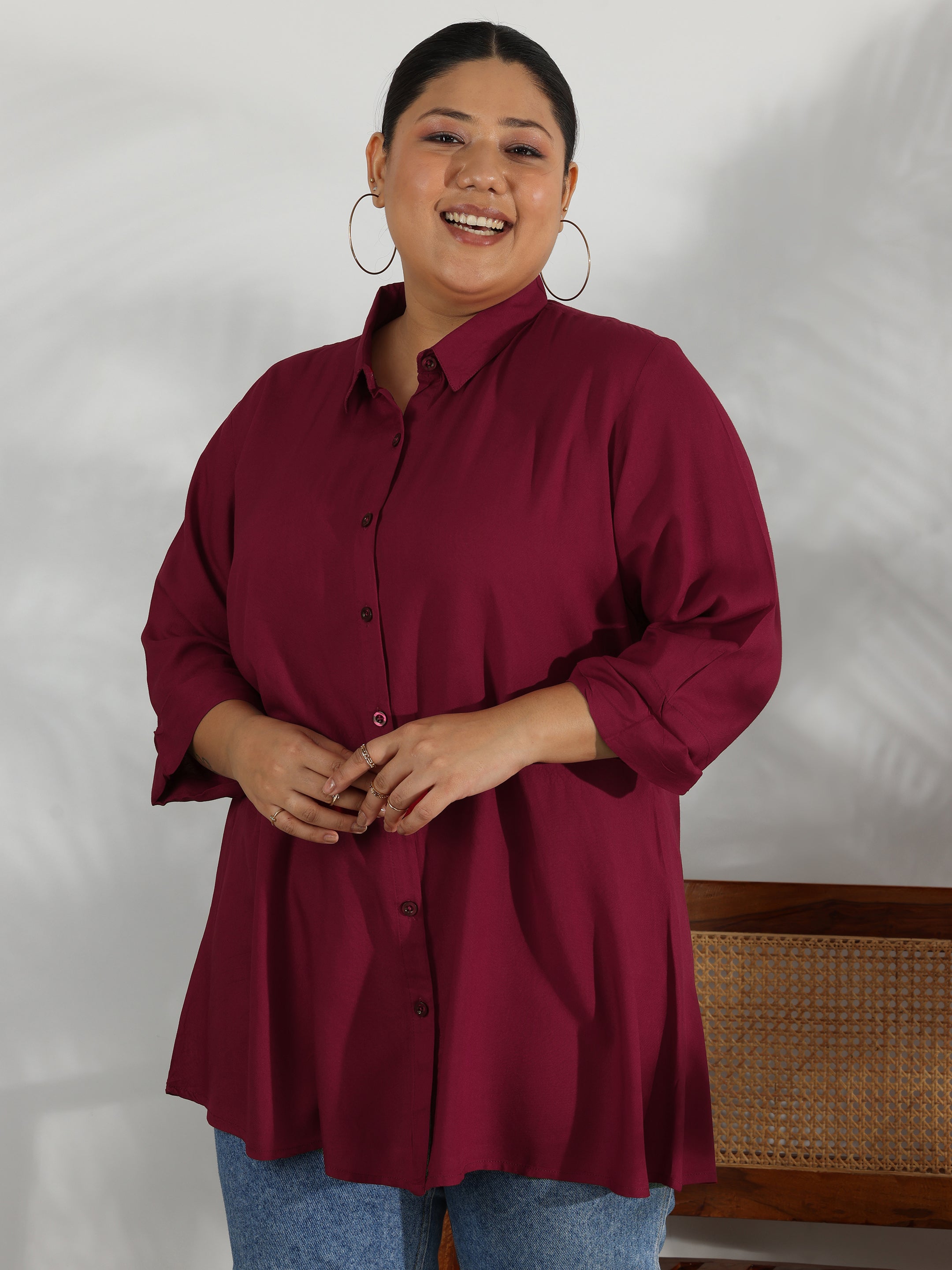 Plus Size Maroon Solid Rayon A-Line Kurti