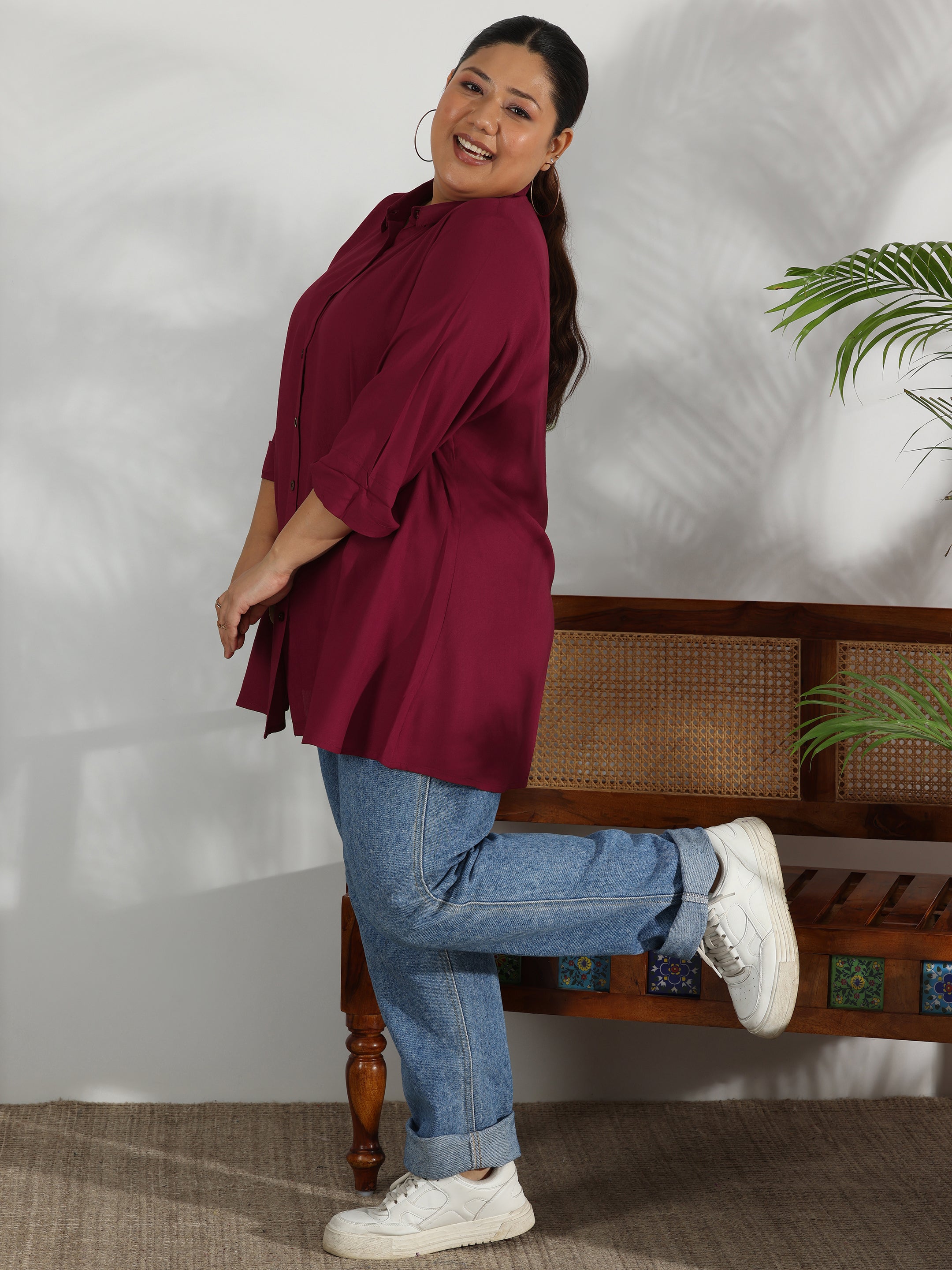 Plus Size Maroon Solid Rayon A-Line Kurti