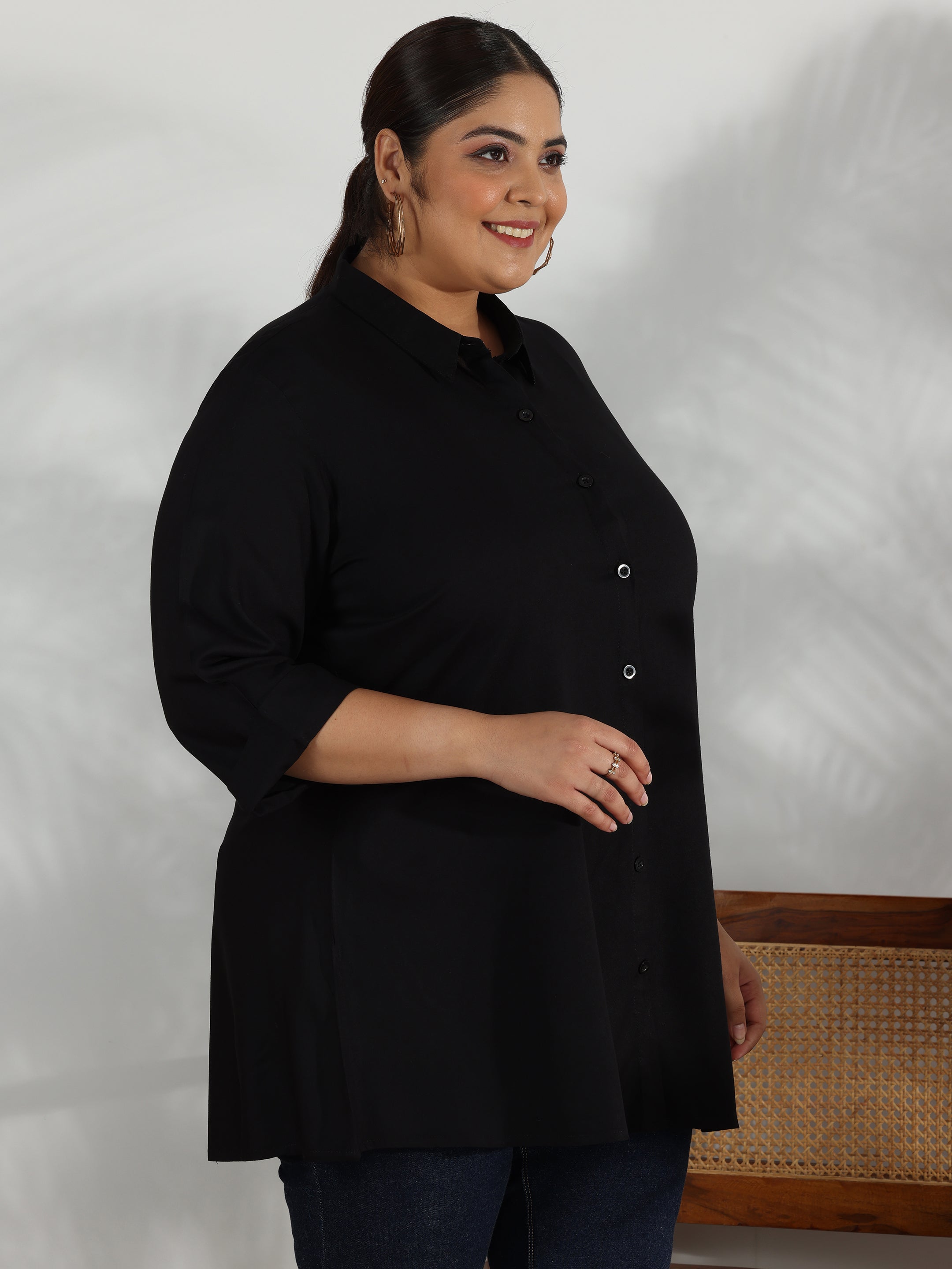 Plus Size Black Solid Rayon A-Line Kurti