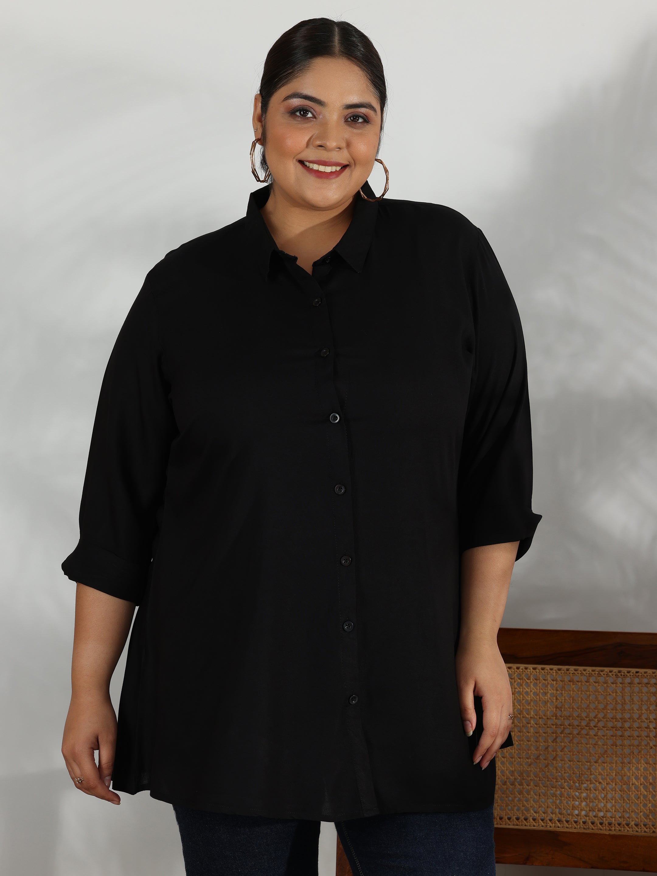 Plus Size Black Solid Rayon A-Line Kurti