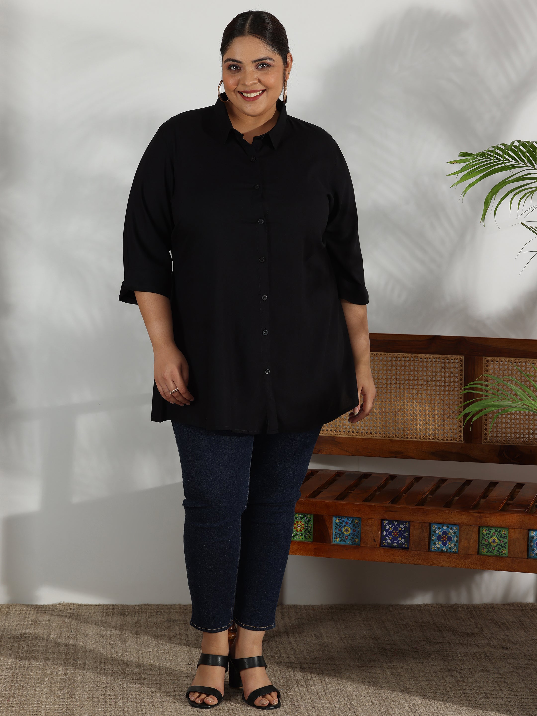 Plus Size Black Solid Rayon A-Line Kurti