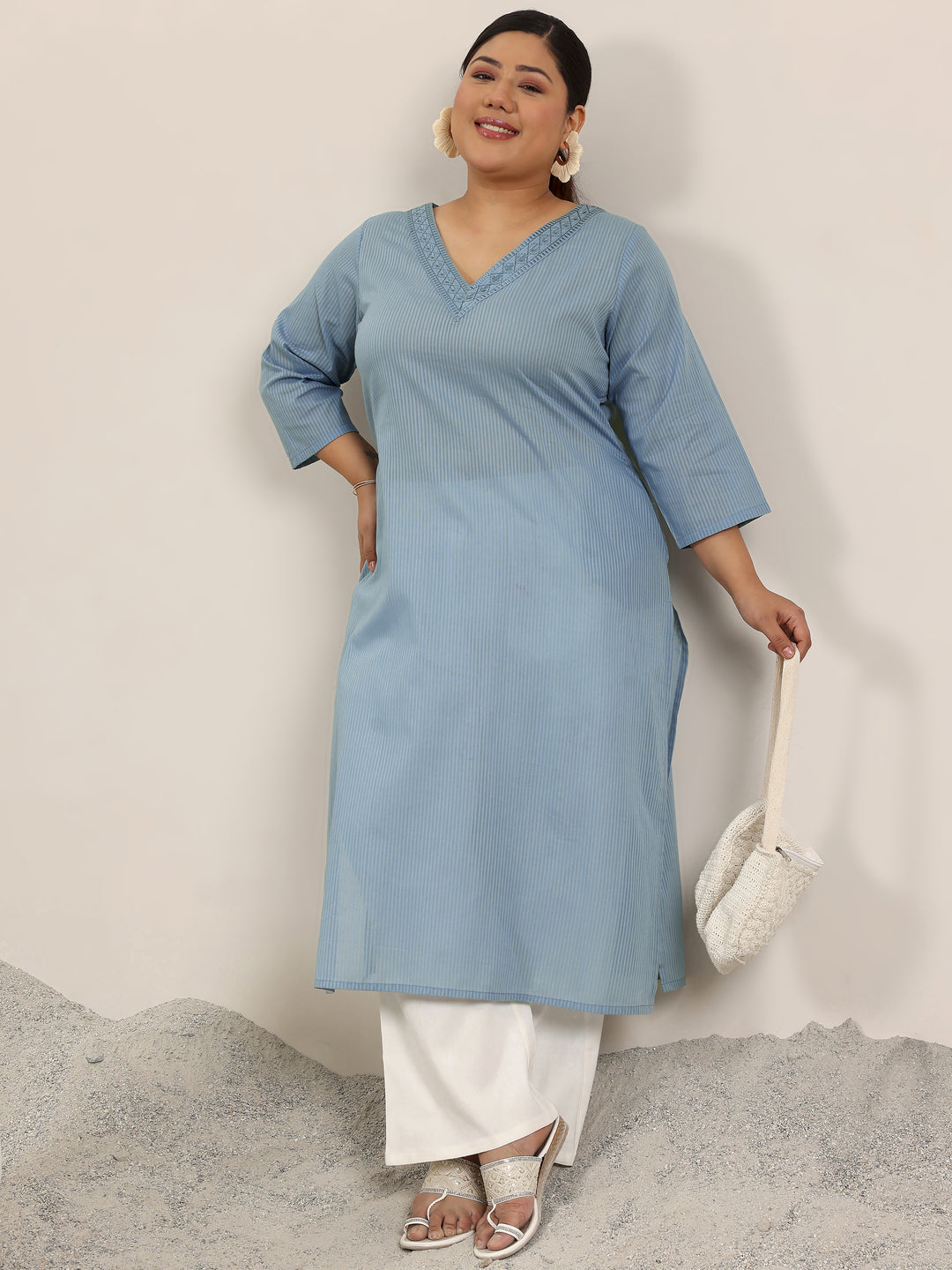 Plus Size Blue Printed Cotton Kurta