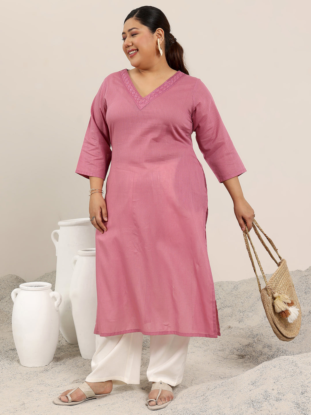 Plus Size Pink Printed Cotton Straight Kurta