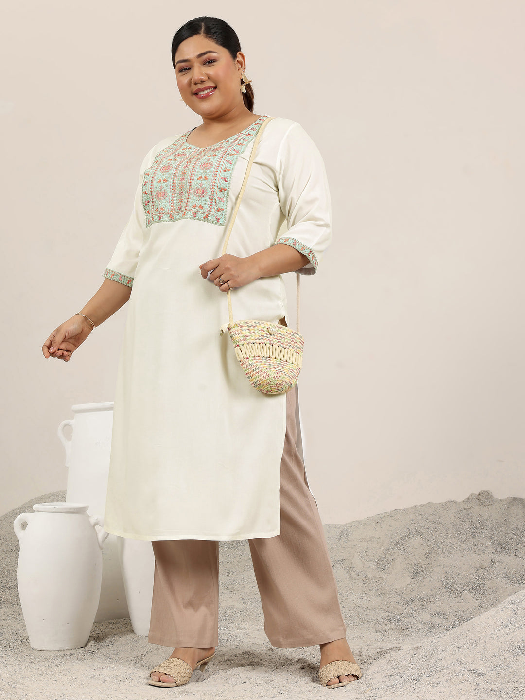 Plus Size Off White Yoke Design Rayon Straight Kurta