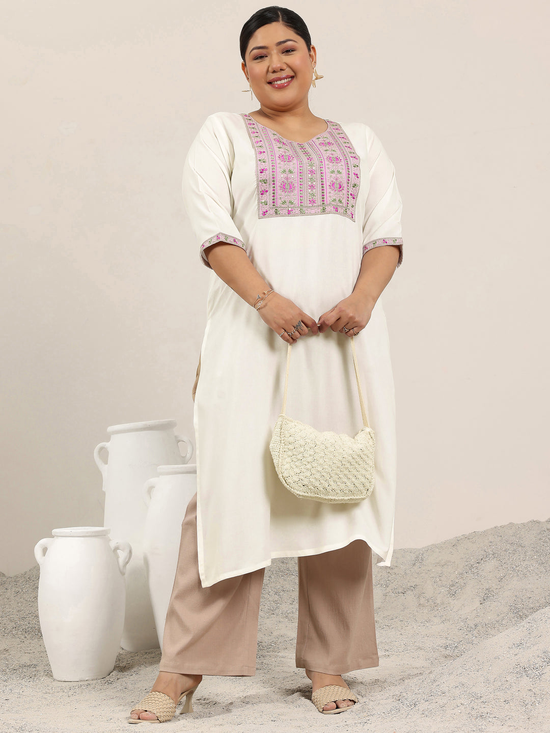 Plus Size Off White Yoke Design Rayon Kurta