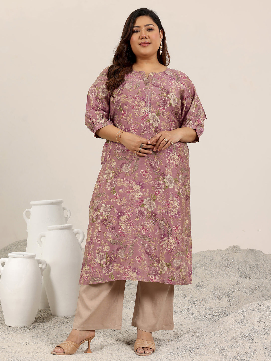 Plus Size Mauve Printed Silk Straight Kurta