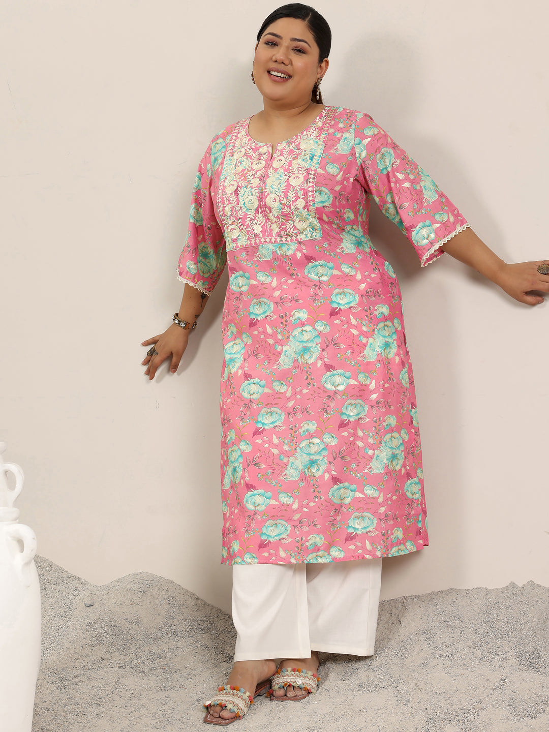 Plus Size Pink Printed Silk Blend Kurta