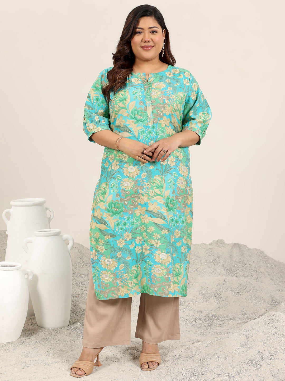 Plus Size Blue Printed Silk Blend Kurta