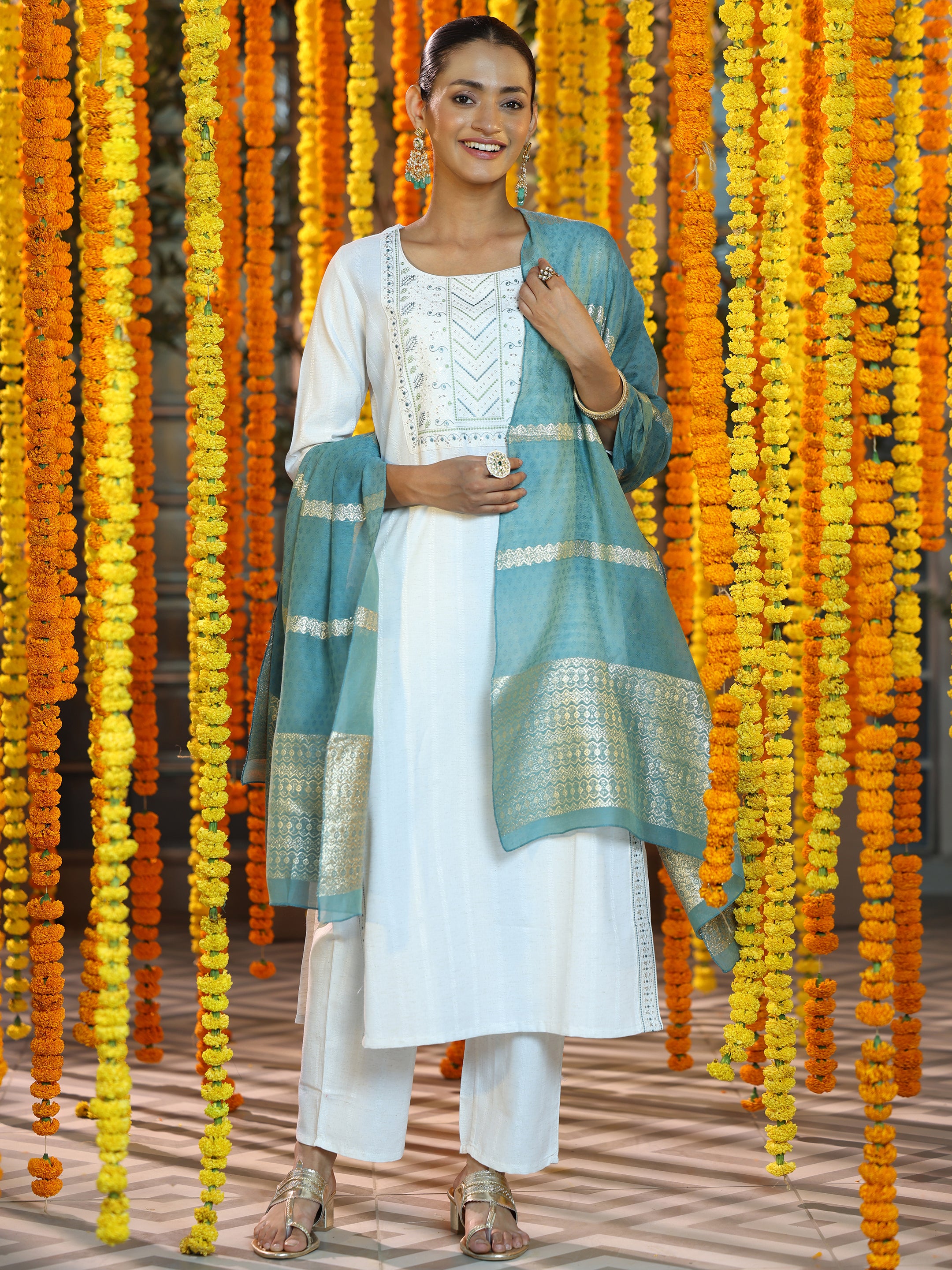 Off White Yoke Design Cotton Blend Straight Suit With Dupatta