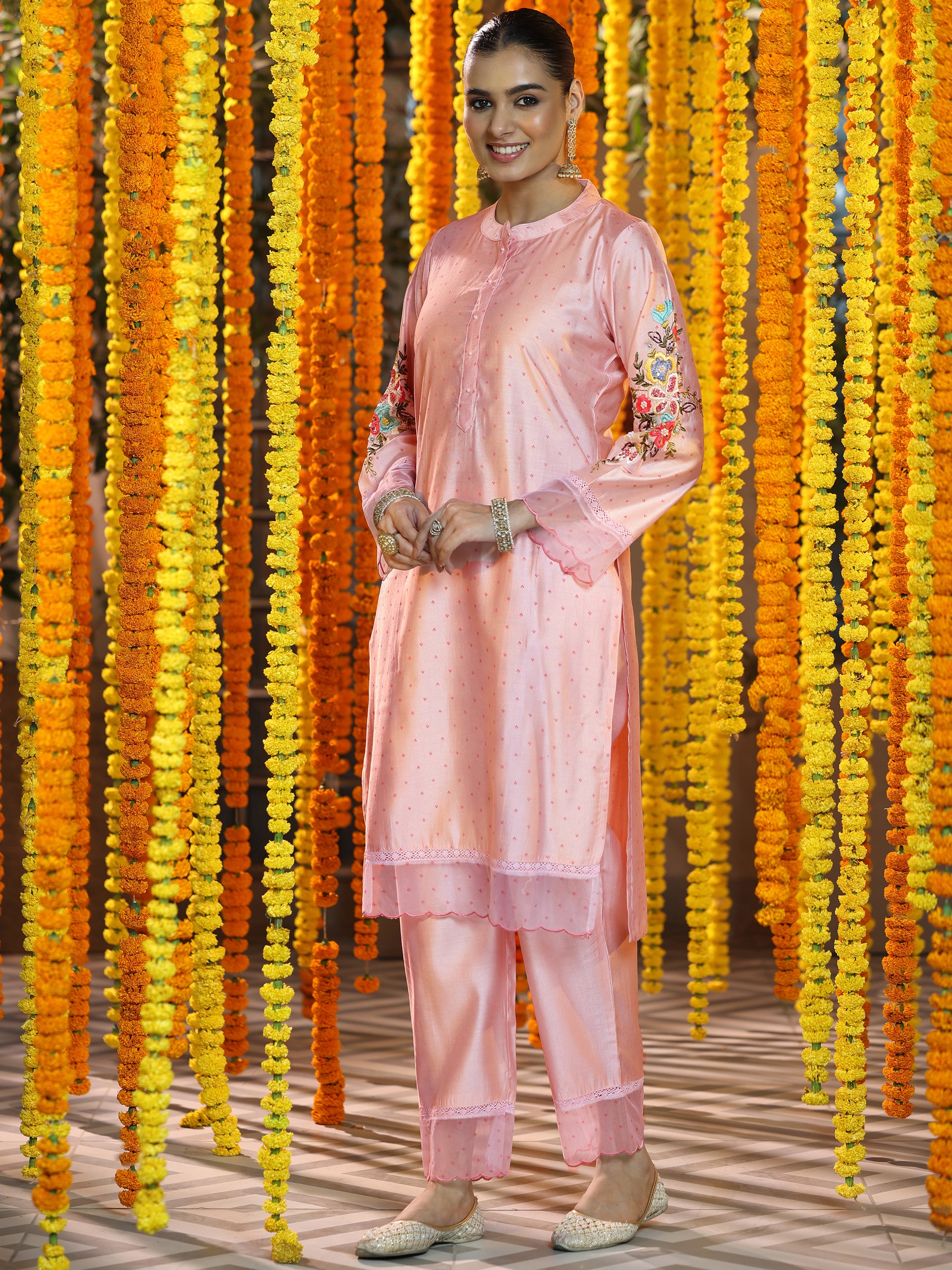 Pink Printed Silk Blend Straight Suit With Dupatta