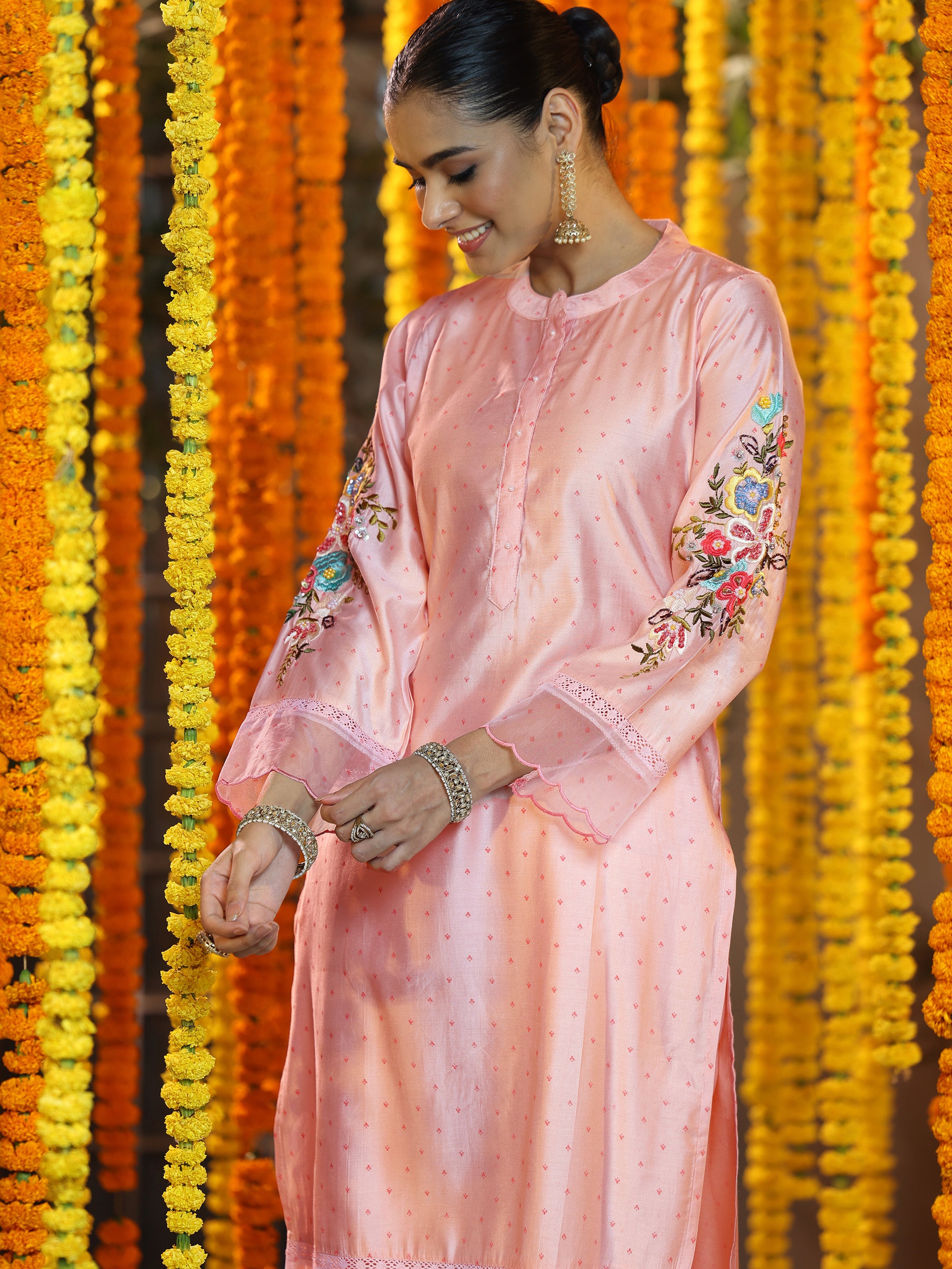 Pink Printed Silk Blend Straight Suit With Dupatta