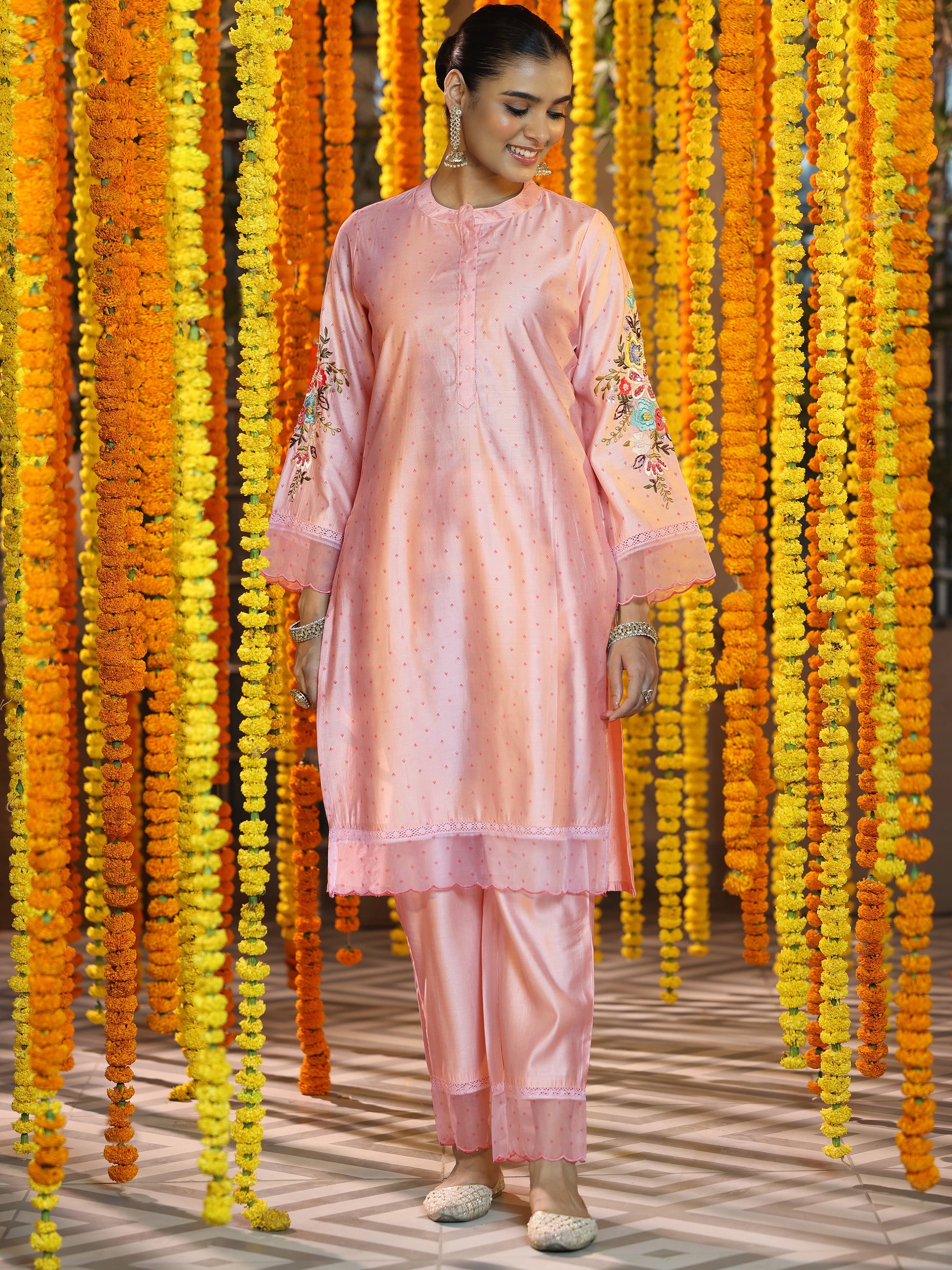 Pink Printed Silk Blend Straight Suit With Dupatta