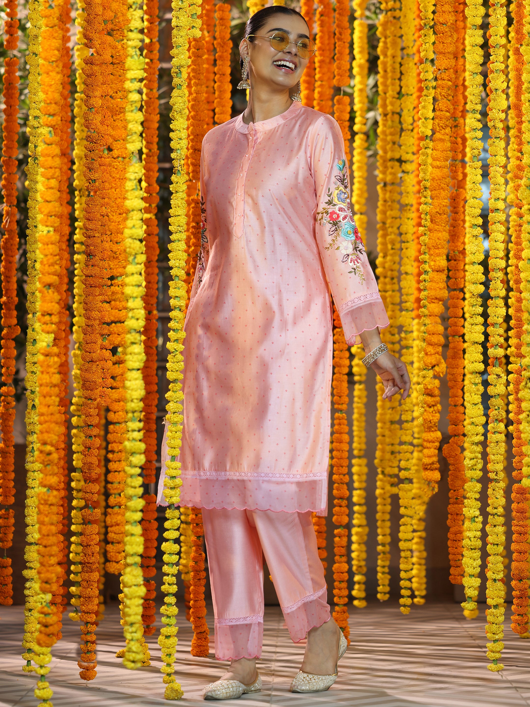 Pink Printed Silk Blend Straight Suit With Dupatta