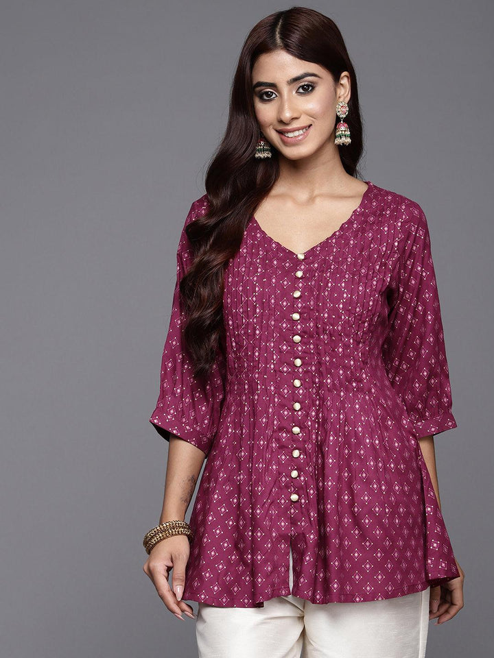 Purple Printed Rayon A-Line Kurti - ShopLibas