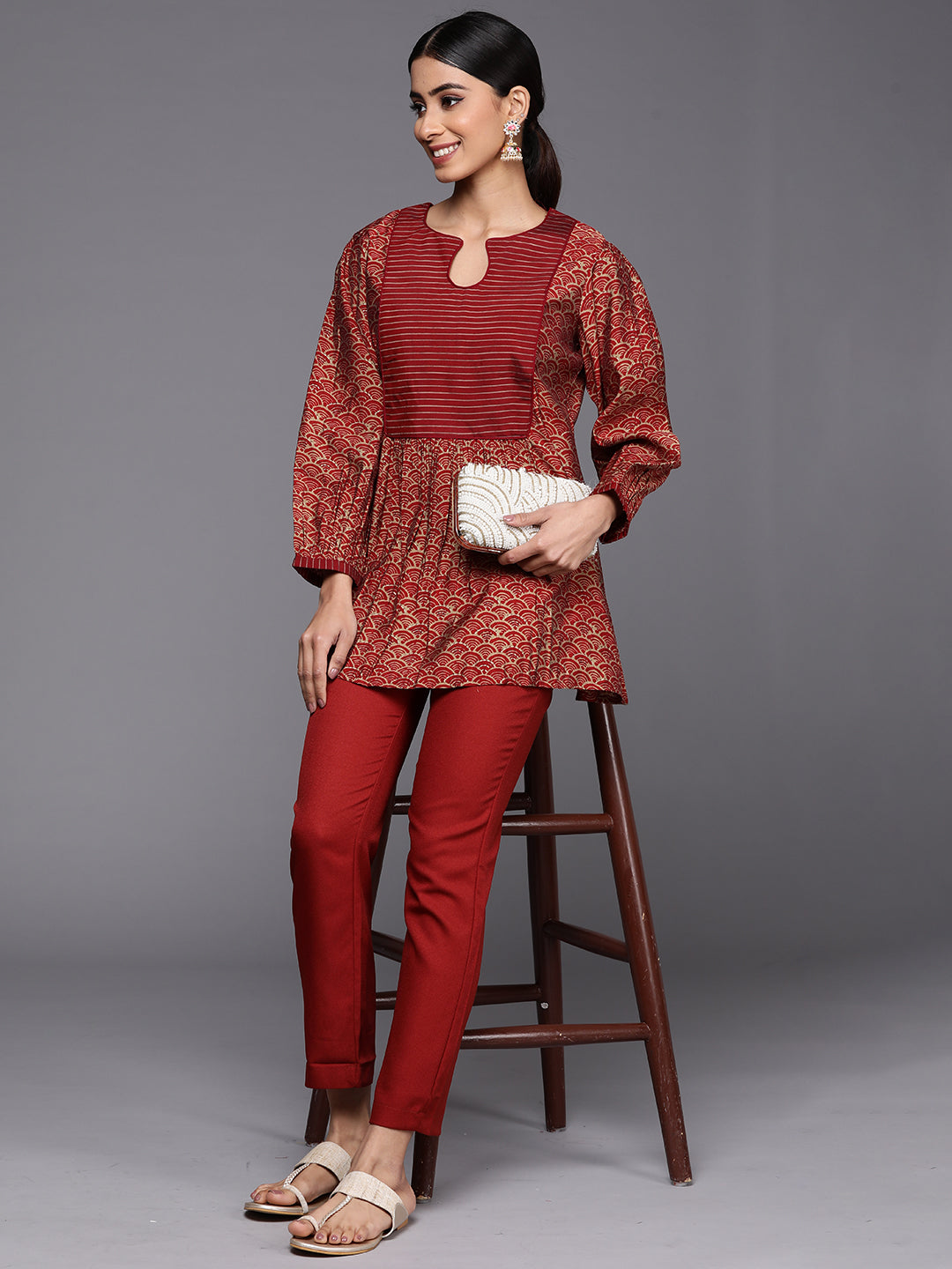 Maroon Printed Silk Blend A-Line Kurti